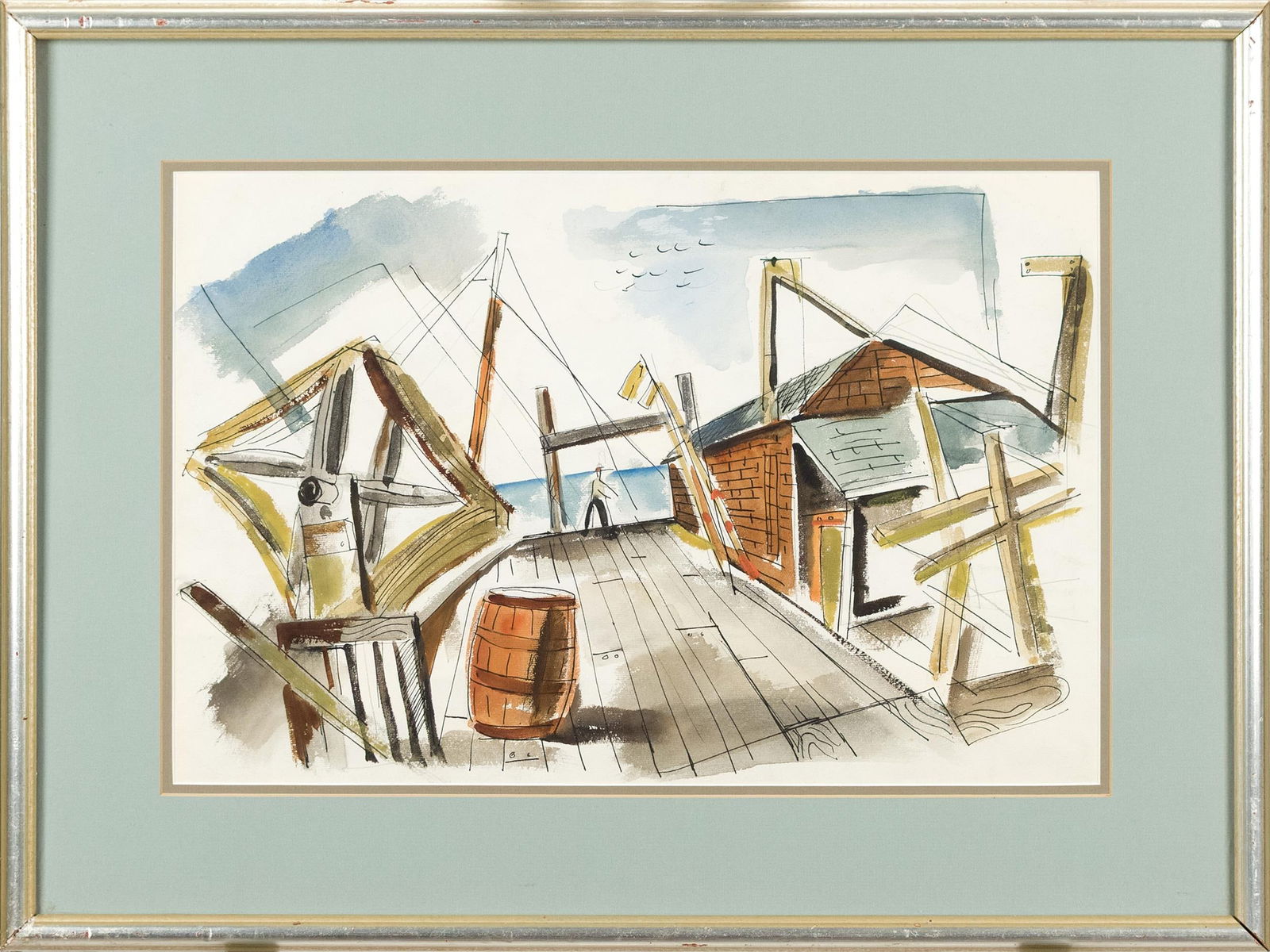 ATTRIB. JOHN MARIN WATERCOLOR, DOUBLE SIDED.: An attributed John Marin watercolor on paper, double sided, one side a dock scene and other a harbor view, no visible signature. Image 13” x 20”, Frame 20” x 27”.