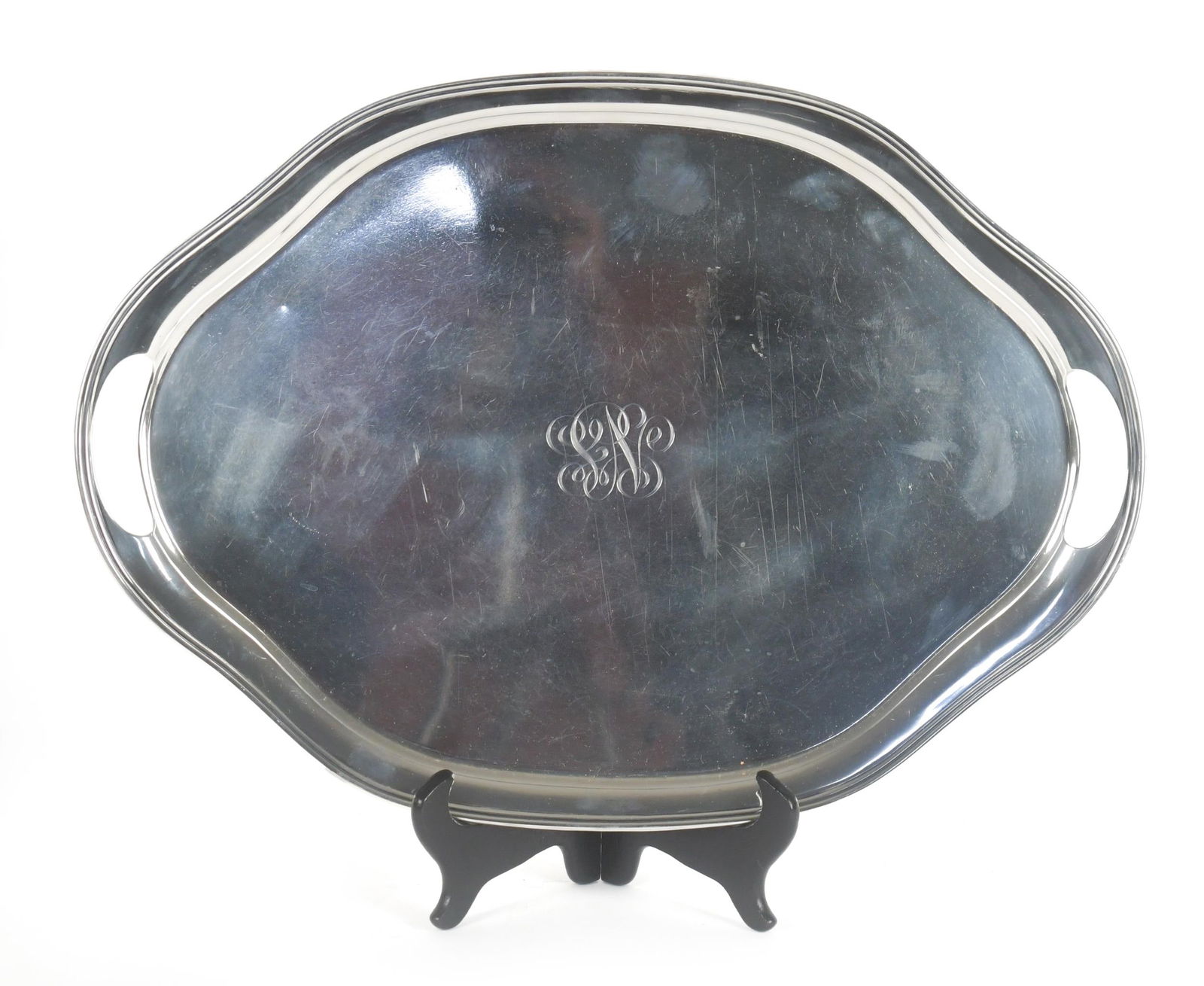 RAND & CRANE STERLING SERVING TRAY.: A vintage double handled sterling serving tray, made by Rand & Crane Boston. 18”W, 41.5 oz t.