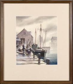 JOHN HARE WATERCOLOR, HARBOR SCENE.