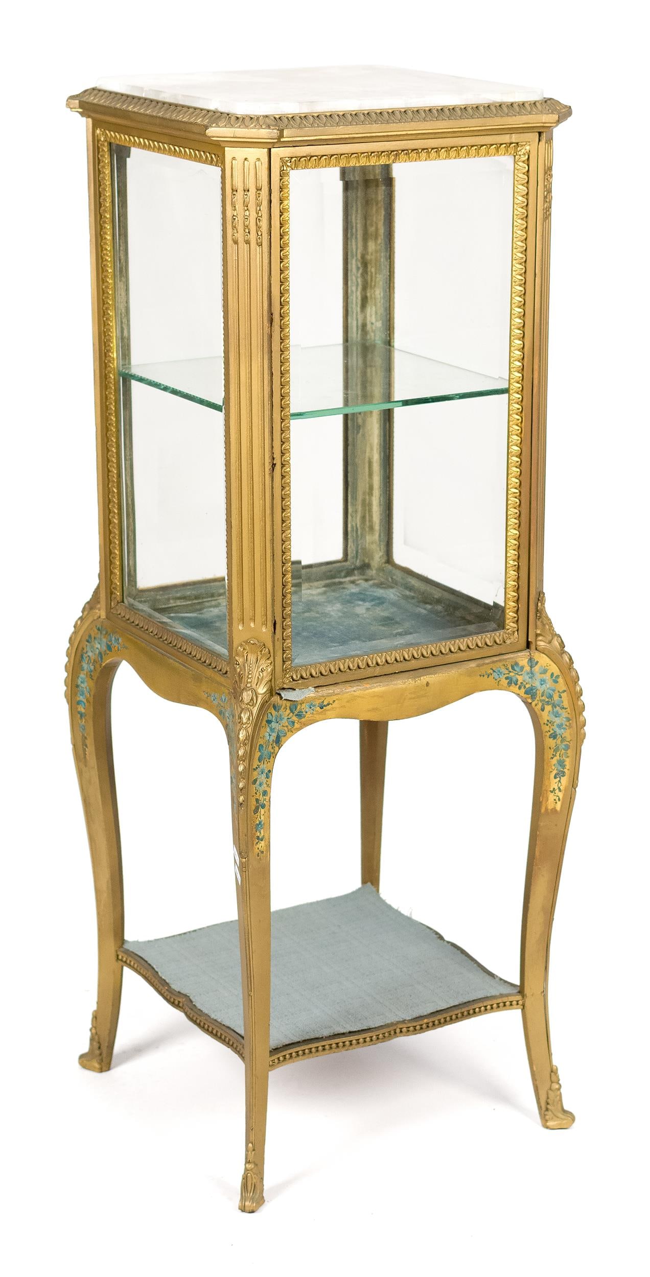 ANTIQUE FRENCH LOUIS XV STYLE VITRINE.: A ca. 1900 French Louis XV style petit giltwood, alabaster and glass vitrine, 43”H x 16” sq.