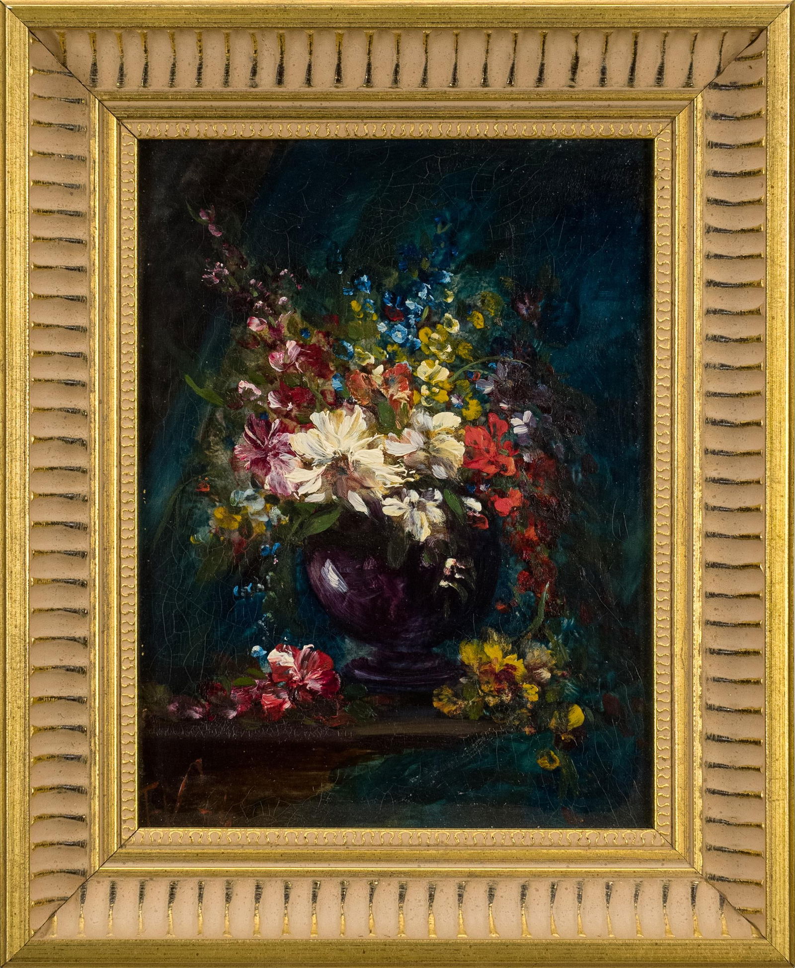 ATTRIB. VICTORIA DUBOURG FANTIN-LATOUR OIL.: A small antique oil on mahogany panel, still life with flowers, artist initials lower left. Previously attributed to Victoria Dubourg Fantin-Latour. Image 8.25” x 6.25”, Frame 