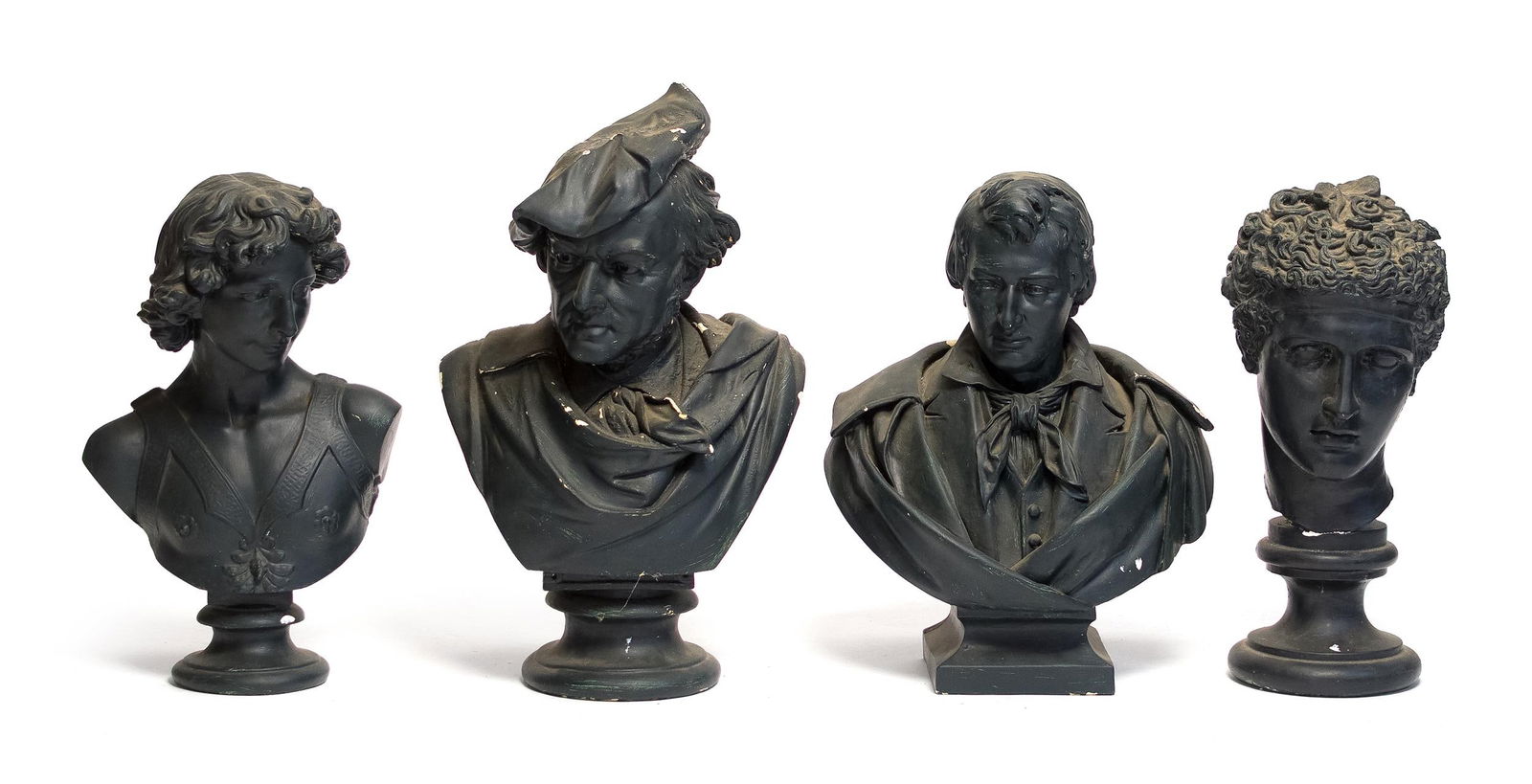 FOUR ANTIQUE PLASTER BUSTS.: Four plaster busts, all in dark green paint, various Grecian youths, aristocrats, and composers. 20” - 23”H. Provenance: Ilse Bischoff/Timotheus Pohl Estate.