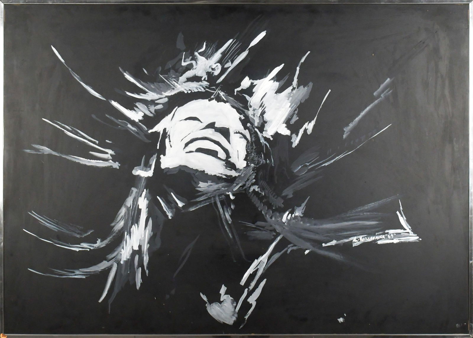 LOUIS E. VUILLEUMIER OIL ON PANEL, PORTRAIT.: A vintage Louis E. Vuilleumier 1969 oil on panel, portrait of a man on black ground. Image 40” x 56”, Overall in frame 41” x 57”.