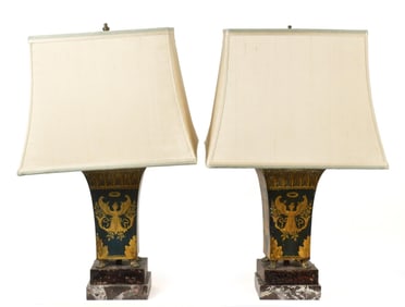 PAIR ANTIQUE TOLEWARE AND MARBLE TABLE LAMPS.