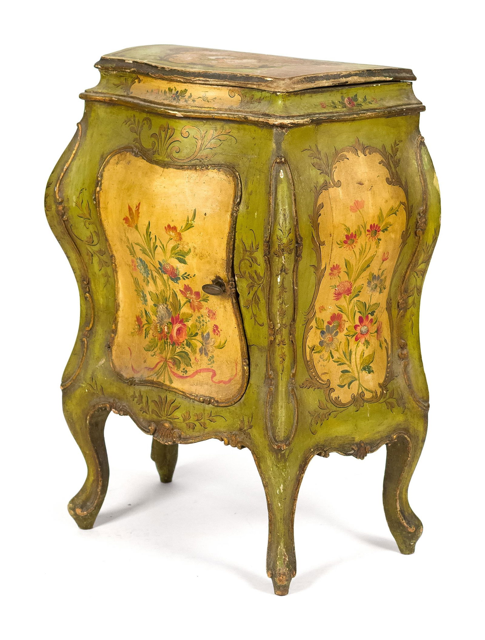 LATE 19TH C. VENETIAN PAINTED CABINET: A late 19th C. bombe form Venetian cabinet with a single door. Fully decorated in original polychrome paint with floral motifs, 32”H x 21”W x 13.5”D.