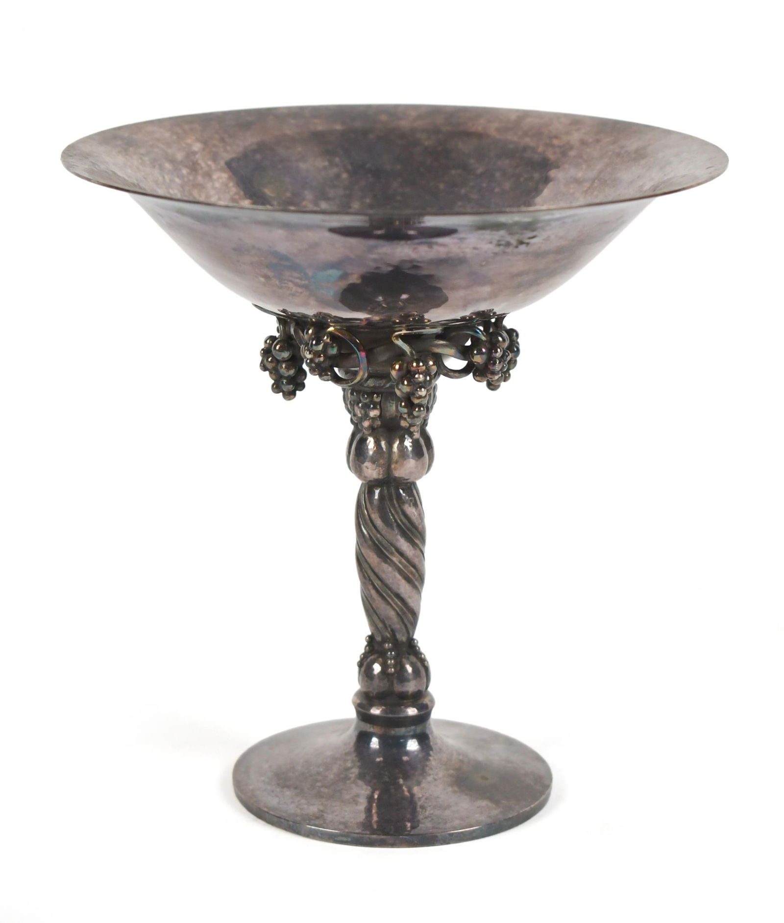 GEORG JENSEN DANISH STERLING COMPOTE.: A Georg Jensen Danish sterling silver compote with grape vine decoration. 5”H x 5” dia. 8.9 oz t. Provenance: Ilse Bischoff/Timotheus Pohl Estate.