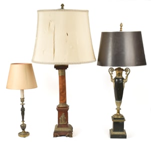 THREE 19TH C. FRENCH EMPIRE TABLE LAMPS.