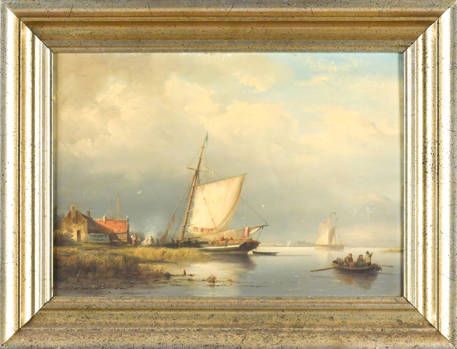 ALBERT RIEGER OIL, FISHING BOATS.: An Albert Rieger (1834-1905) oil on wood board, shoreside cottage with fishing vessels, signed faintly lower left, A. Rieger. Board 10” x 14”, Frame 13.5” x 17.5”.