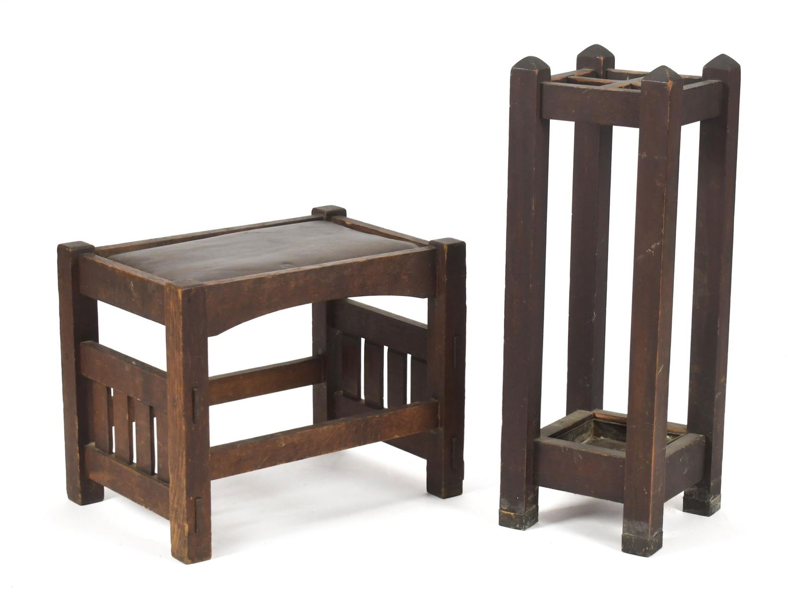 ANTIQUE ARTS & CRAFTS OTTOMAN AND UMBRELLA STAND.: An antique Mission oak umbrella stand in old finish, 28”H x 10” sq. An antique Mission oak ottoman with pegged construction and old finish, 16”H x 20”W x 14”D.
