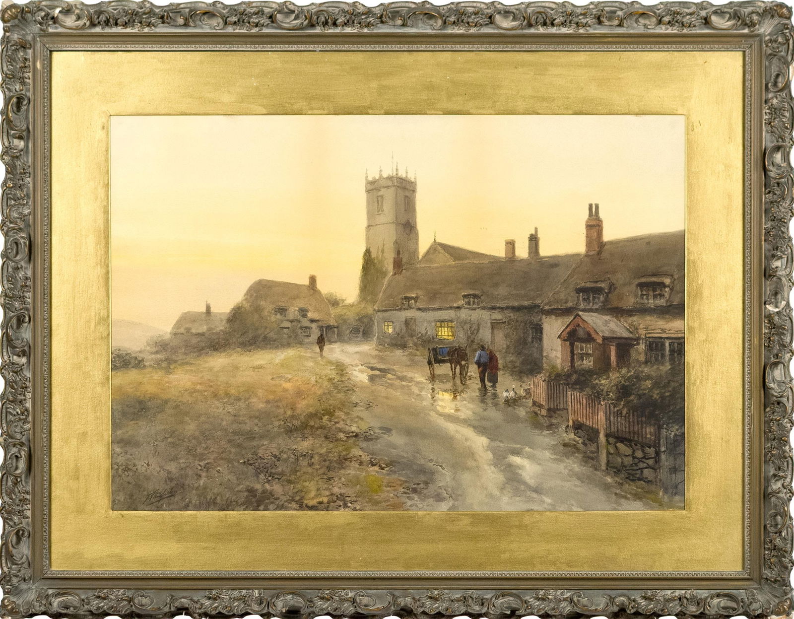 FRANK F. ENGLISH WATERCOLOR, EUROPEAN LANDSCAPE.: An antique Frank F. English (1854-1922) watercolor, European village scene with buildings and figures, artist signed lower left ‘F.F. English. Image 19” x 28”, Overall in frame