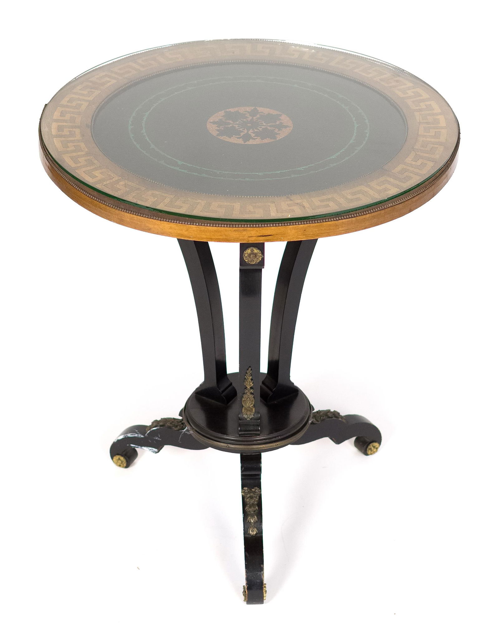 ANTIQUE INLAID RENAISSANCE REVIVAL TABLE.: A late 19th C. Renaissance Revival round center table with a uniquely inlaid top including malachite and satinwood Grecian key motifs, supported by an ebonzied pedestal base, 27”H x 24”