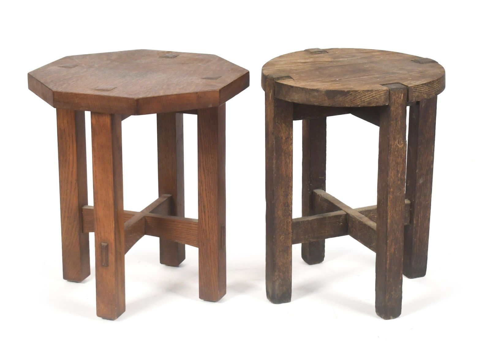 STICKLEY ARTS & CRAFTS OAK STAND AND OTHER, 2PCS: A 20th C. Stickley (Manlius, NY) labeled octagonal Mission oak stand, 17”H x 15” top. An antique circular stand in old finish, 17.5”H x 14”dia.