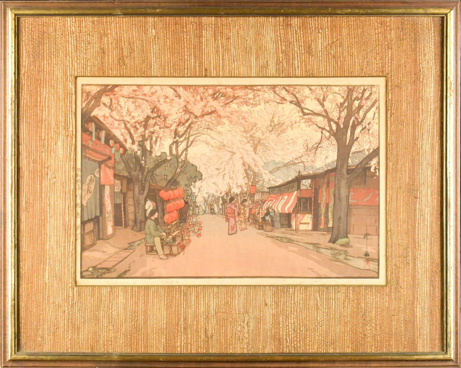 HIROSHI YOSHIDA WOODBLOCK, AVENUE OF CHERRY TREES.: A ca. 1930 pencil signed and titled Hiroshi Yoshida woodblock print, ‘Avenue of Cherry Trees’ From the series ‘Eight Views of Cherry Blossoms’. Image 15” x 10”, Ove