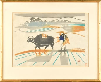 INAGAKI TOSHIJIRO WOODBLOCK, PLOWING THE FIELDS.