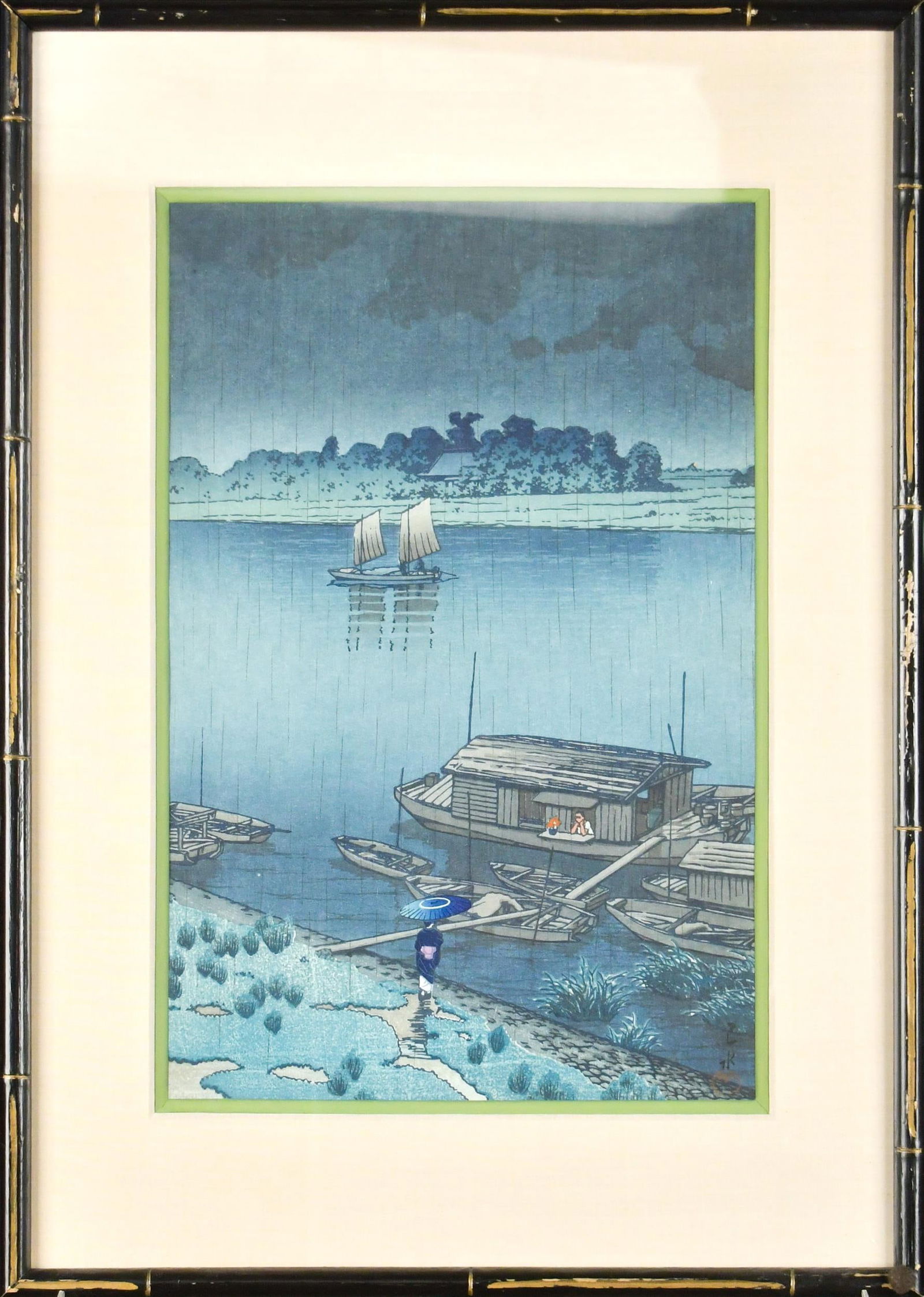 KAWASE HASUI, EARLY SUMMER RAIN: A 1932 Kawase Hasui woodblock, ‘Early Summer Rain’, Arakawa. Image 14” x 9”, Overall in frame 20” x 14”.