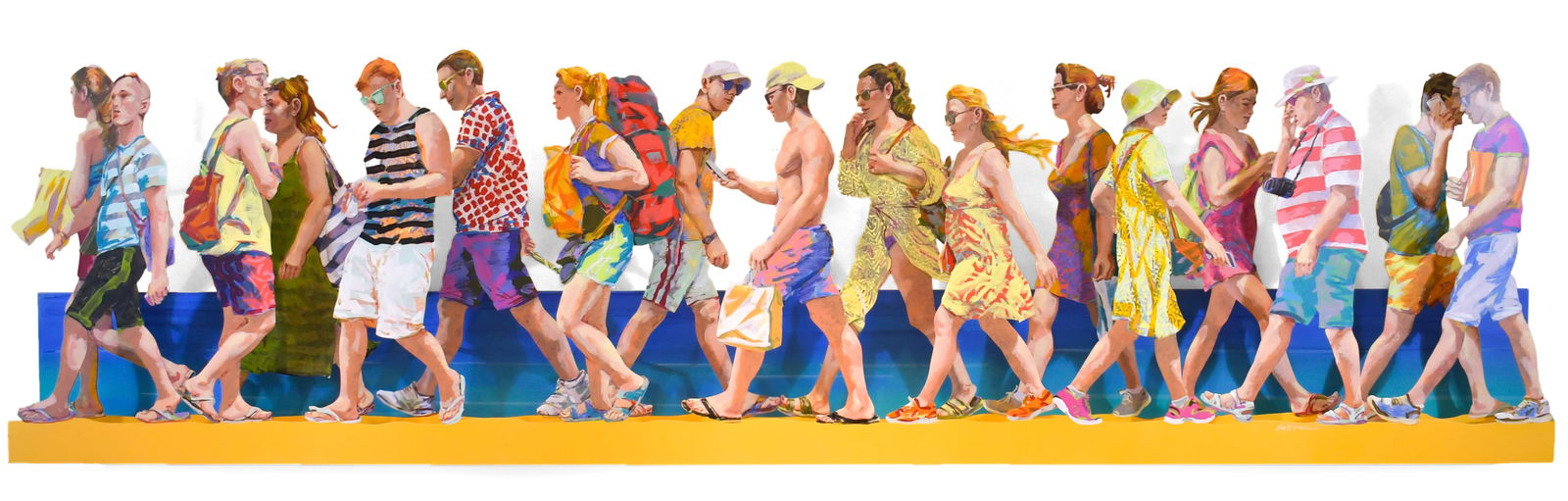 DAVID GERSTEIN ART INSTALLMENT, PROMENADE.: A fantastic David Gerstein (Israeli, B. 1944) painted three dimensional horizontal metal wall hanging art installment, depicting a composition of casually dressed figures on coastal background,