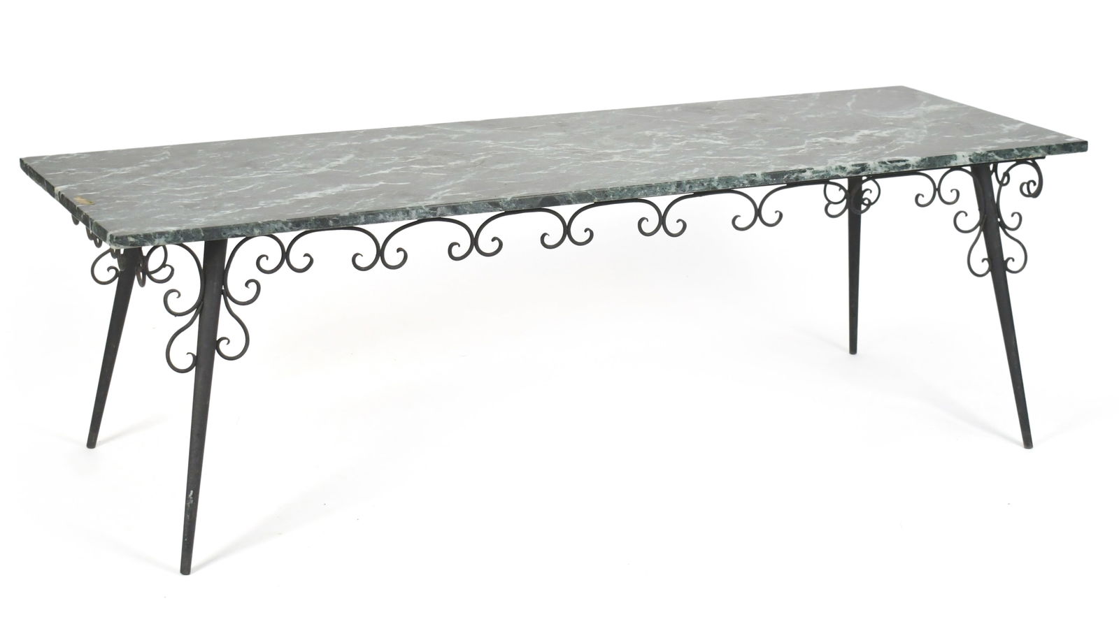 VINTAGE COFFEE TABLE WITH GREEN MARBLE TOP.: A vintage rectangular black finished metal and green marble top coffee table, 18”H x 59”W x 20”D.