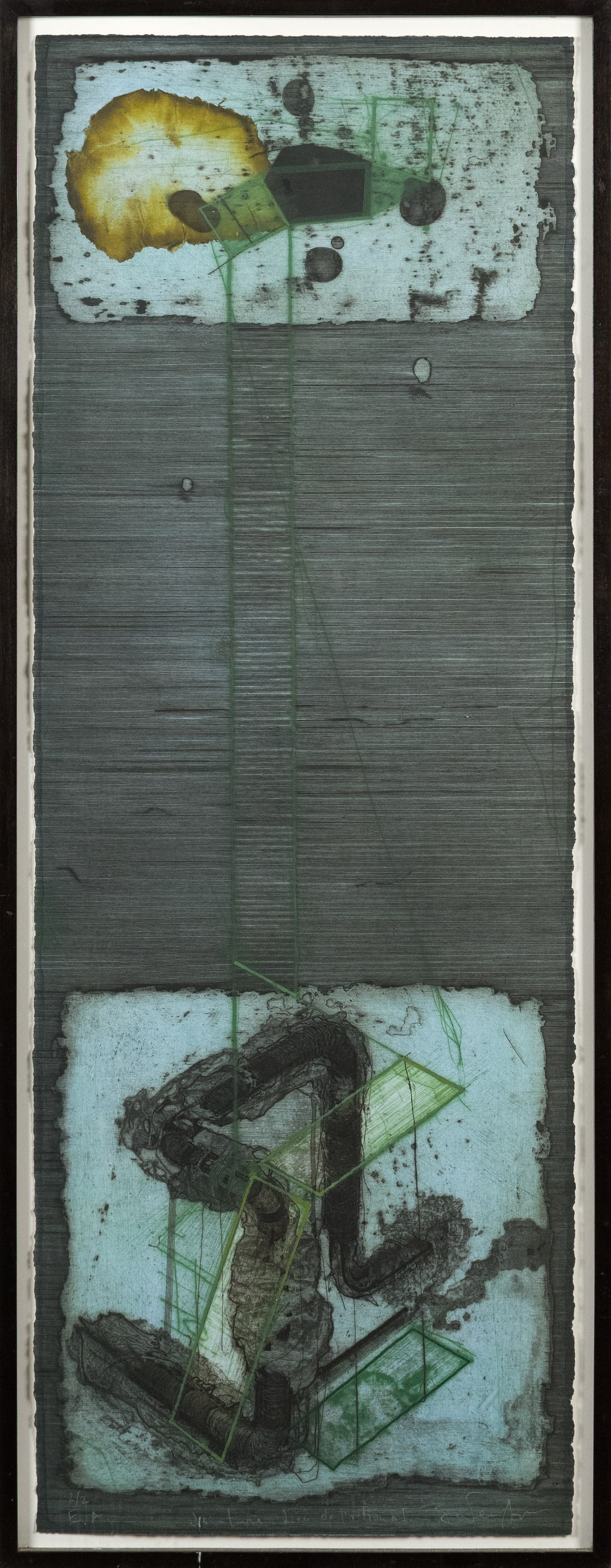 VLADIMIR ZABEIDA, JOINTURE 1, INTAGLIO AQUATINT.: A 1999 Vladimir Zabeida abstract intaglio aquatint titled, Jointure 1. Paper 44”H x 15.25”W, Overall in contemporary black wooden frame 46.25”H x 17.5”W.