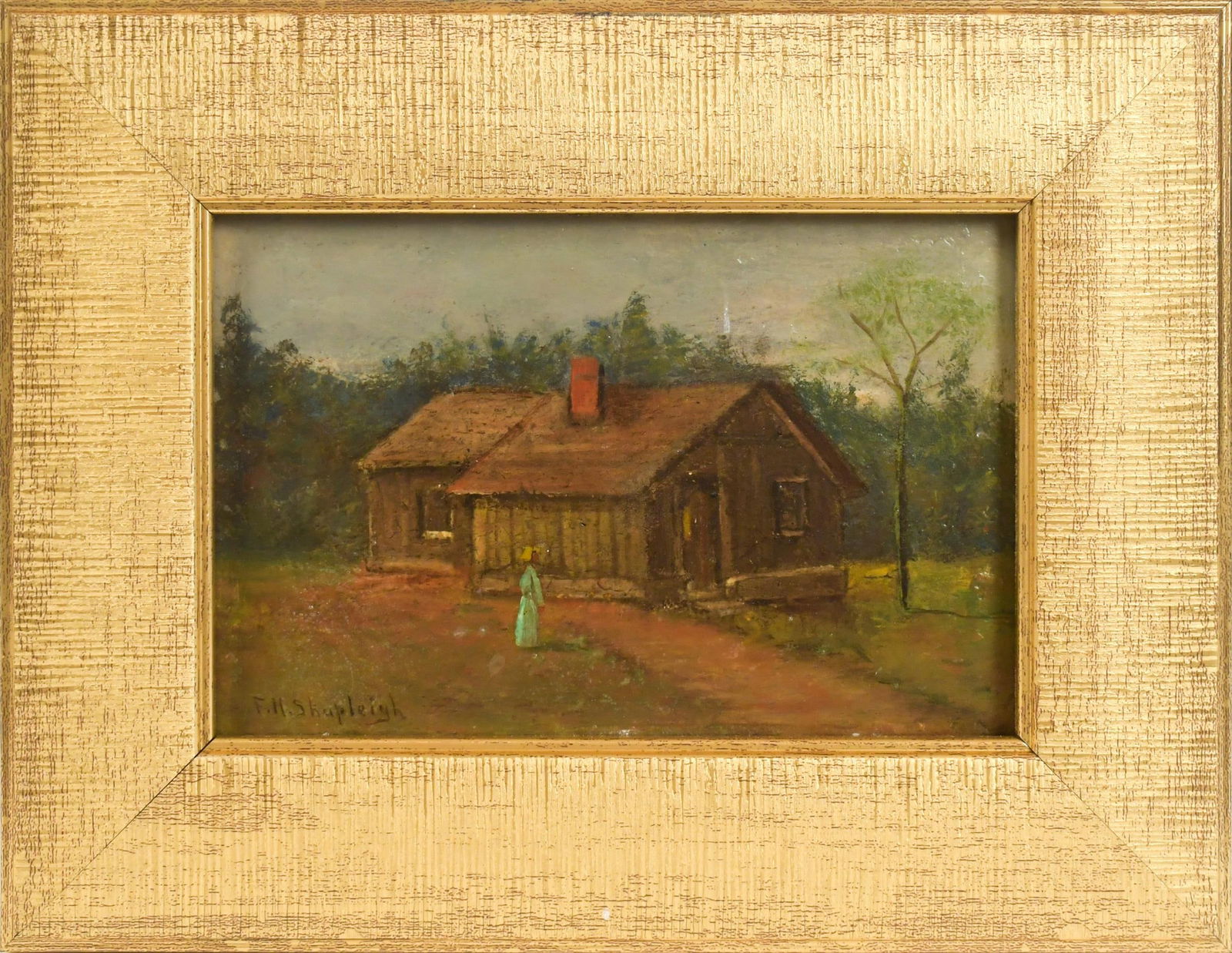 FRANK HENRY SHAPLEIGH OIL, SOUTHERN FARM.: A Frank Henry Shapleigh (1842-1906) oil on artist board, southern landscape with a primitive farm building and standing female figure wearing a green dress, signed lower left, F.H. Shapleigh. Image 4"
