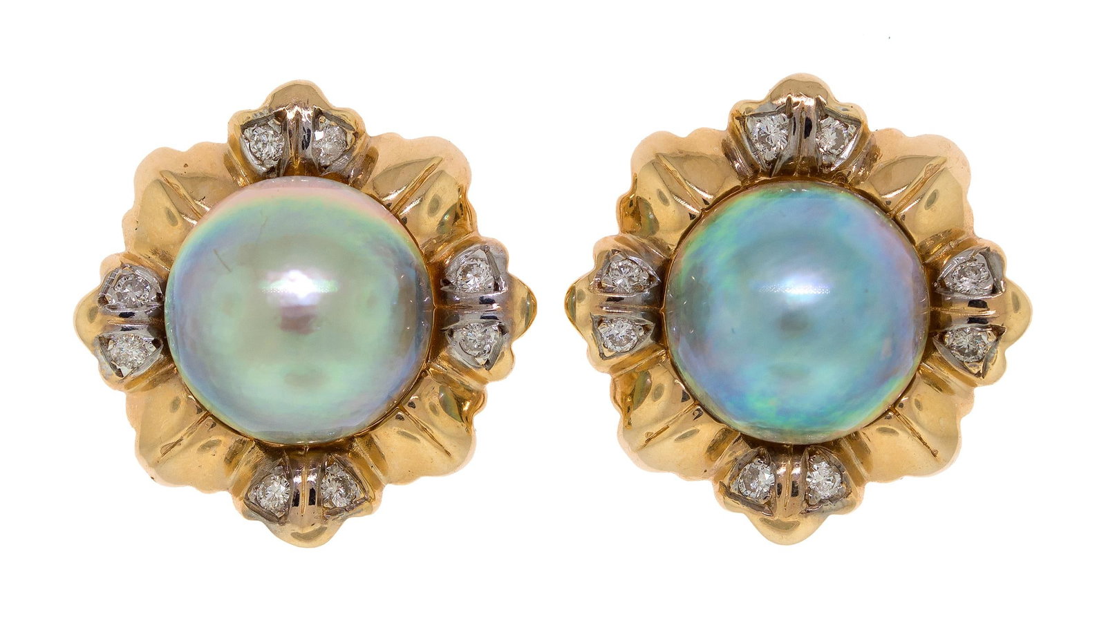14K GOLD GRAYISH BLUE MABE PEARL & DIAMOND CLIPS.: A pair of 14k yellow gold (stamped) clip earrings set with grayish blue, mabe pearls with good luster, 14mm and approx. .50 ct. tw., round brilliant cut, natural diamonds of H color and SI-I clarity,