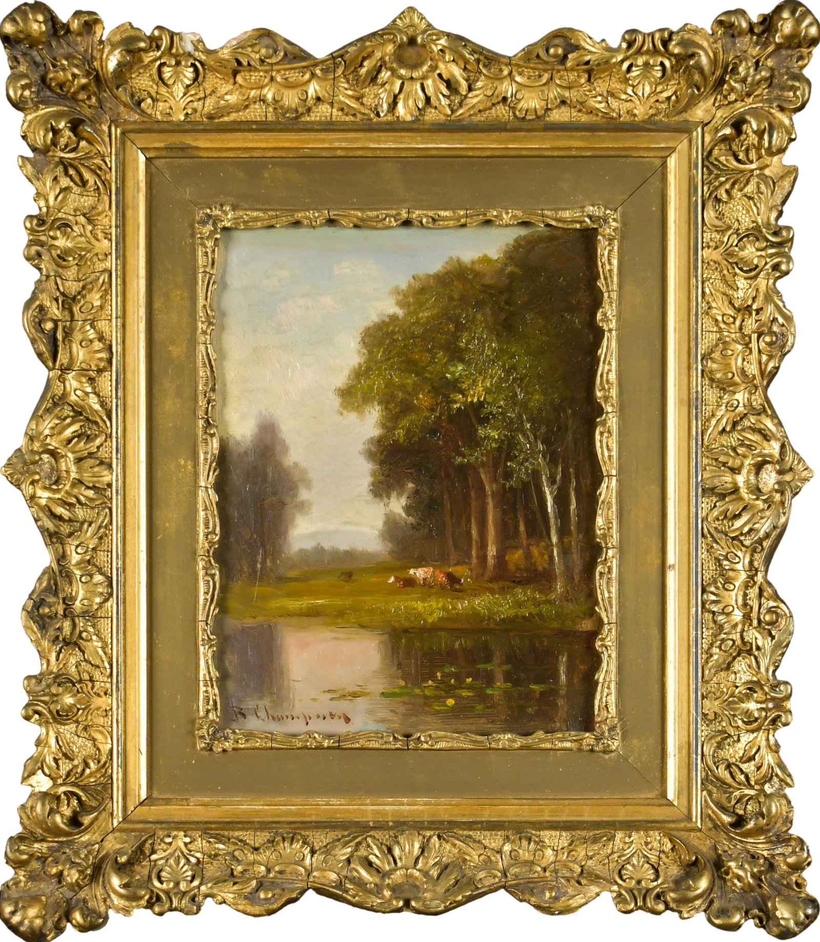 BENJAMIN CHAMPNEY OIL ON BOARD, COWS IN STREAM. (1 of 9)