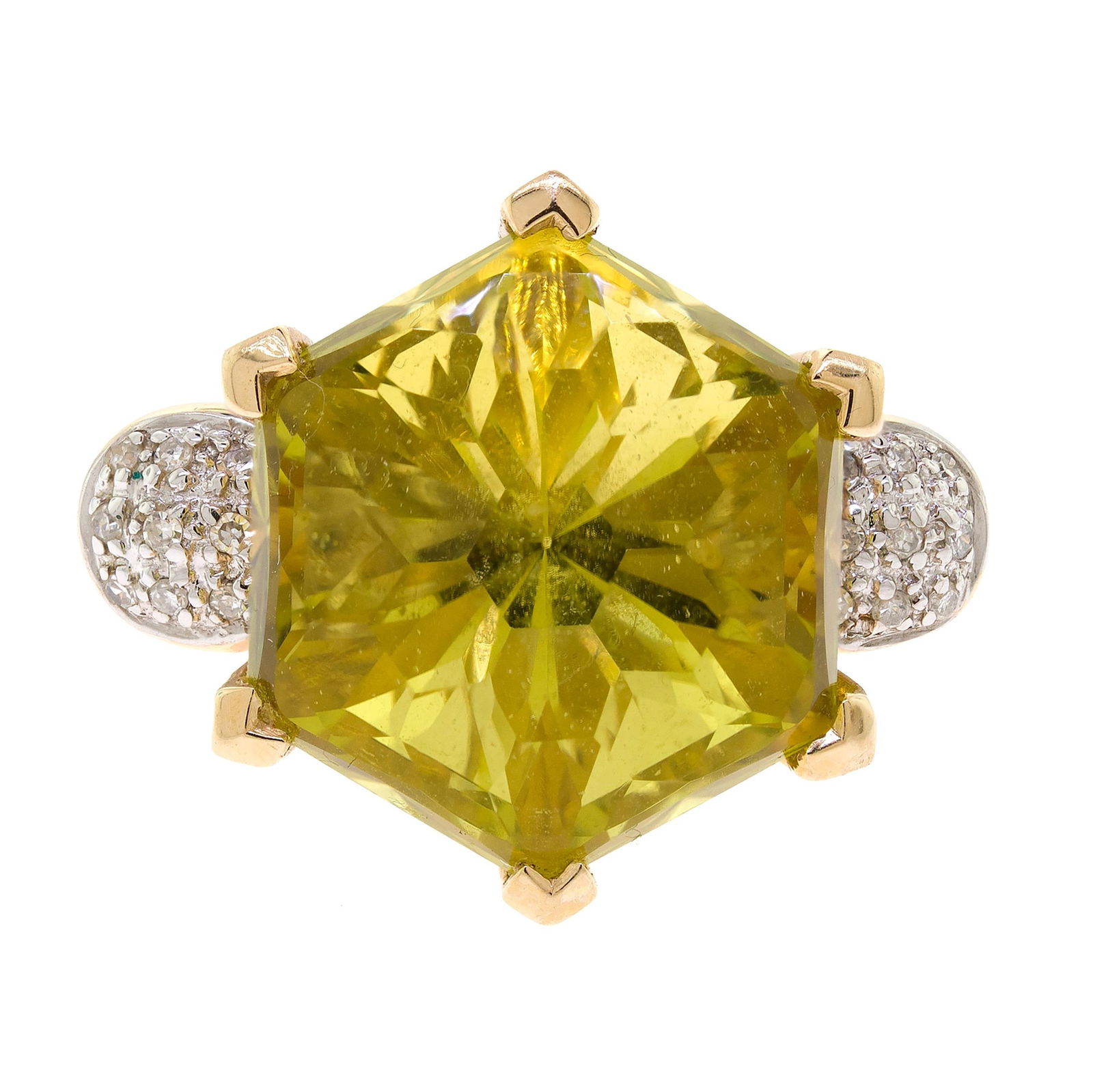 14K GOLD LAURA RAMSEY GREEN QUARTZ & DIAMOND RING.: A signed, Laura Ramsey, 14k yellow gold (stamped) ring set with an approx. 20 ct., faceted topped hexagon, Ouro Verde or yellowish green quartz and single cut round, natural diamonds of H color and SI