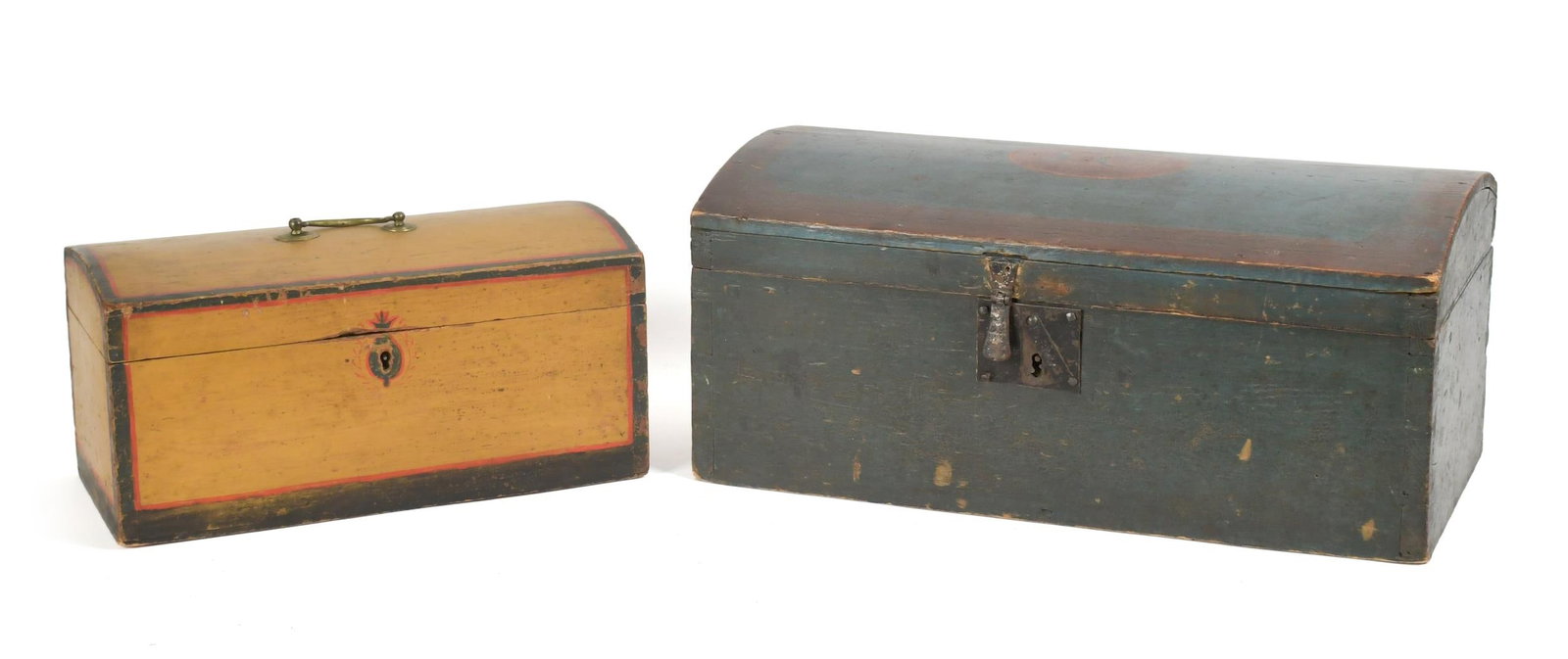 TWO 18TH C. PAINT DECORATED DOME TOP BOXES. (1 of 15)