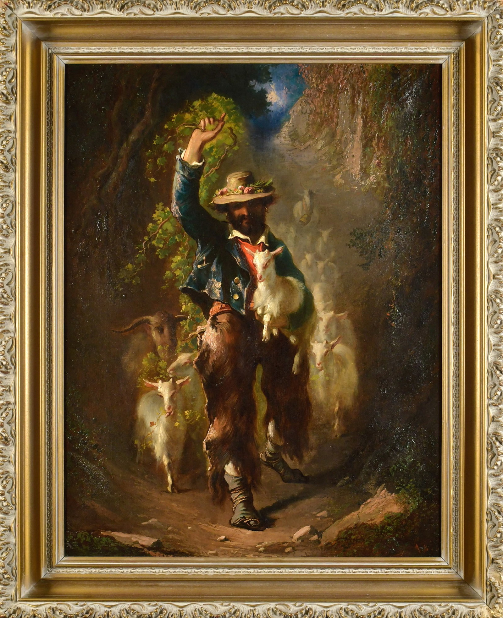FINE 19TH C. AMERICAN SCHOOL O/C, INITIALED AB.: An exceptional 19th C. American School oil on canvas, a shepherd with a herd of goats traversing a mountainous canyon, initialed lower right in red, ‘A.B.’ Image 28” x 21”, Fra