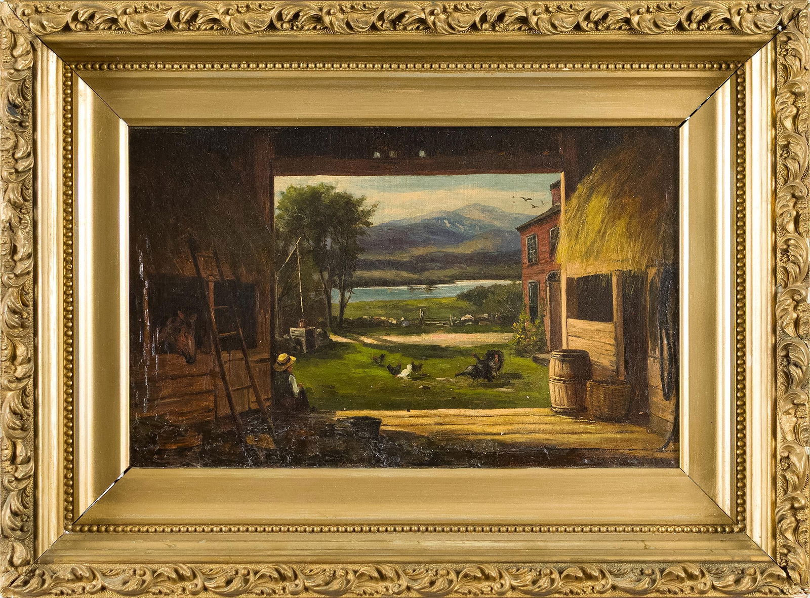 FRANK HENRY SHAPLEIGH OIL, VIEW OF MT WASHINGTON.: Frank Henry Shapleigh (1842-1906) oil on canvas, titled on reverse in artist’s hand, View of Mt. Washington From The Dam in Bridgton ME. Signed and dated on lower right, F.H. Shapleigh 1883. Ima