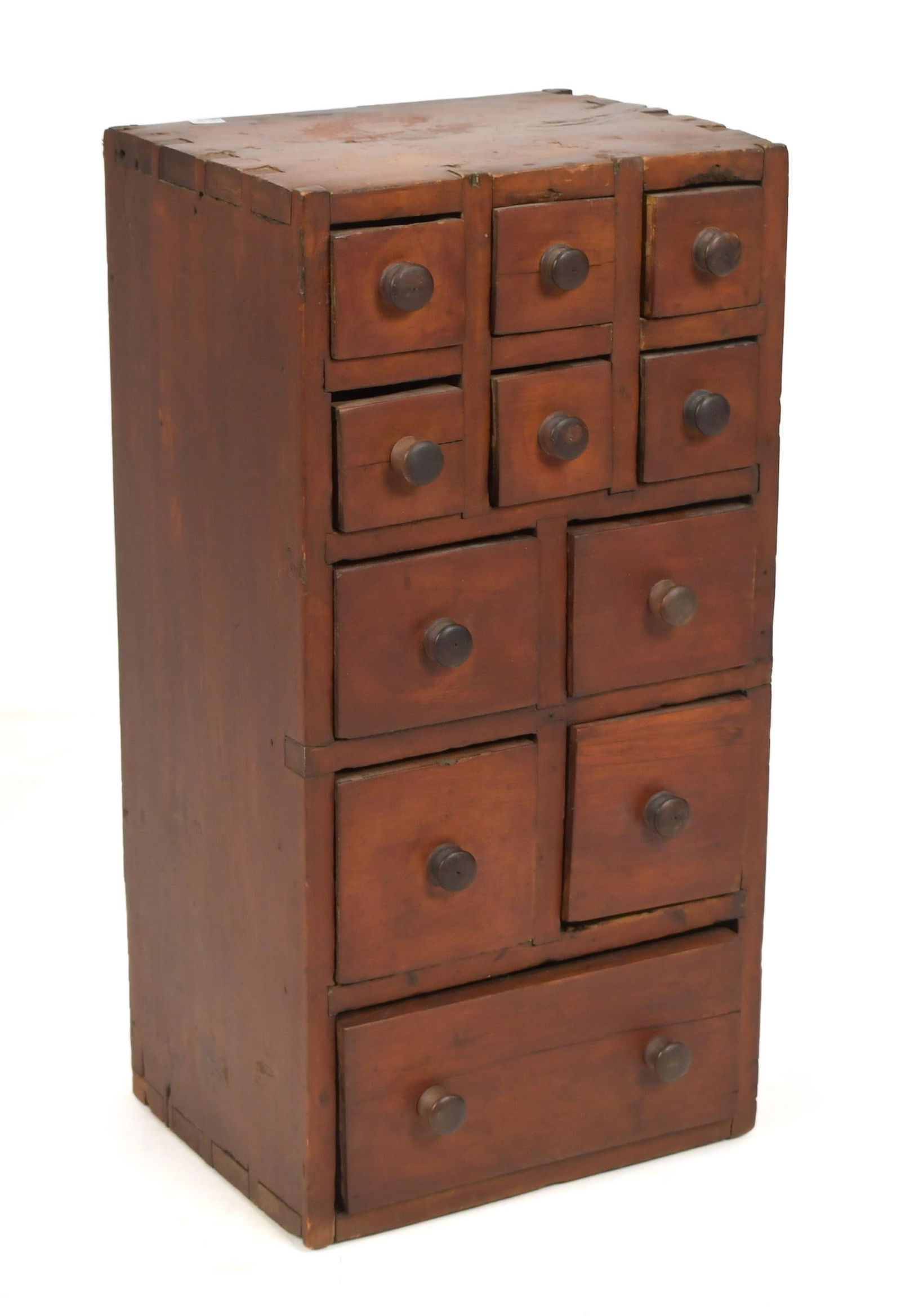 19TH C. RED STAINED PINE SPICE CABINET. (1 of 1)