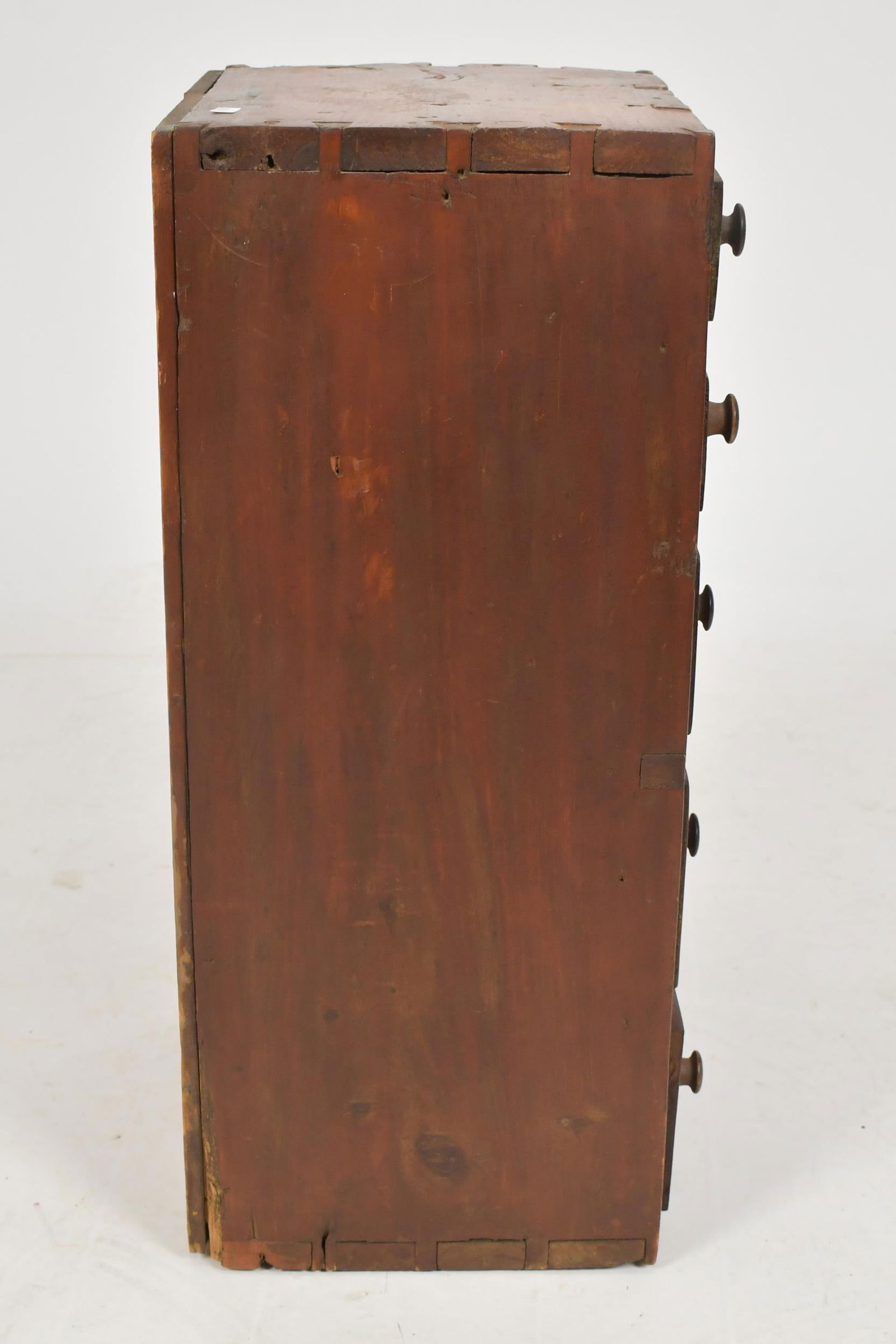 19TH C. RED STAINED PINE SPICE CABINET. - 6