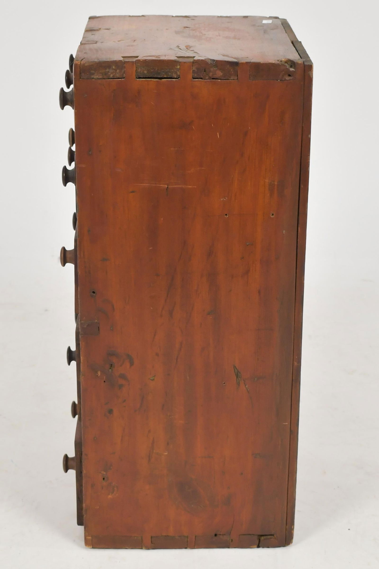 19TH C. RED STAINED PINE SPICE CABINET. - 8
