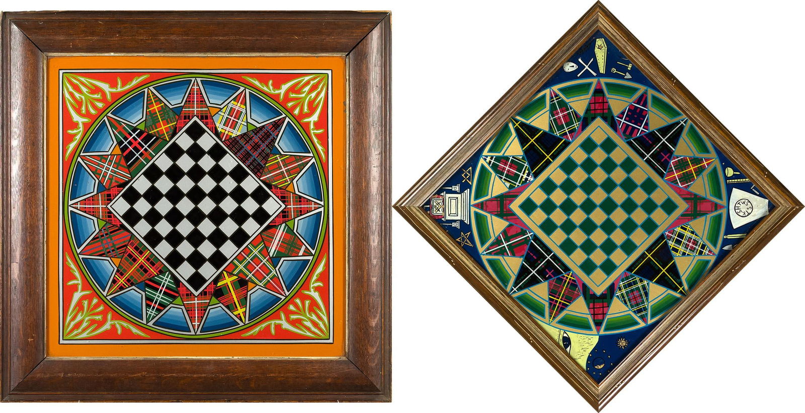 TWO ANTIQUE REVERSE PAINTED GAME BOARDS. (1 of 18)