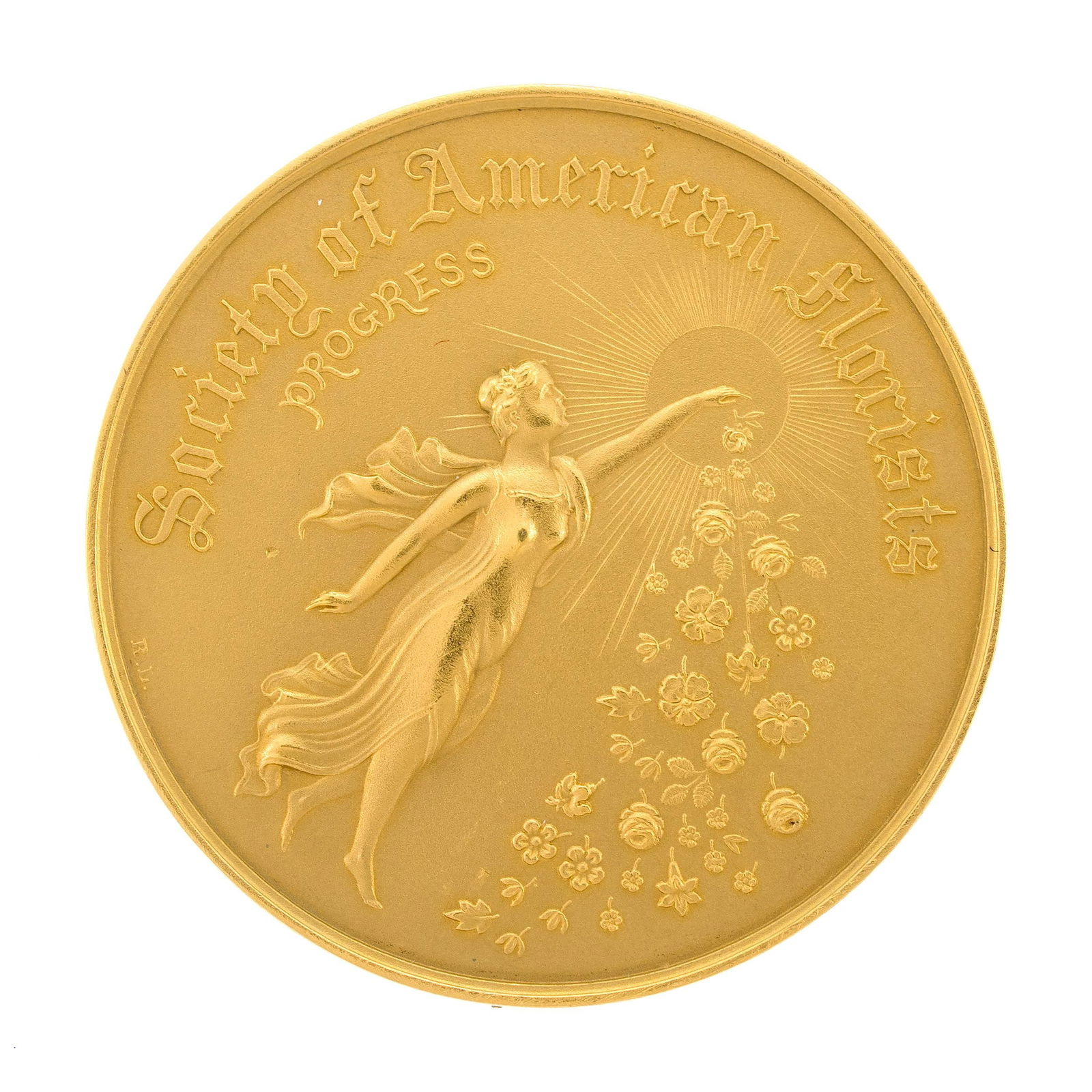 22K GOLD SOCIETY OF AMERICAN FLORISTS MEDAL.: A ca. 1930, 22k yellow gold (tested) medal awarded by the Society of American Florists to Frederick Dorner the developer of the carnation and the founder of The American Carnation Society, for his