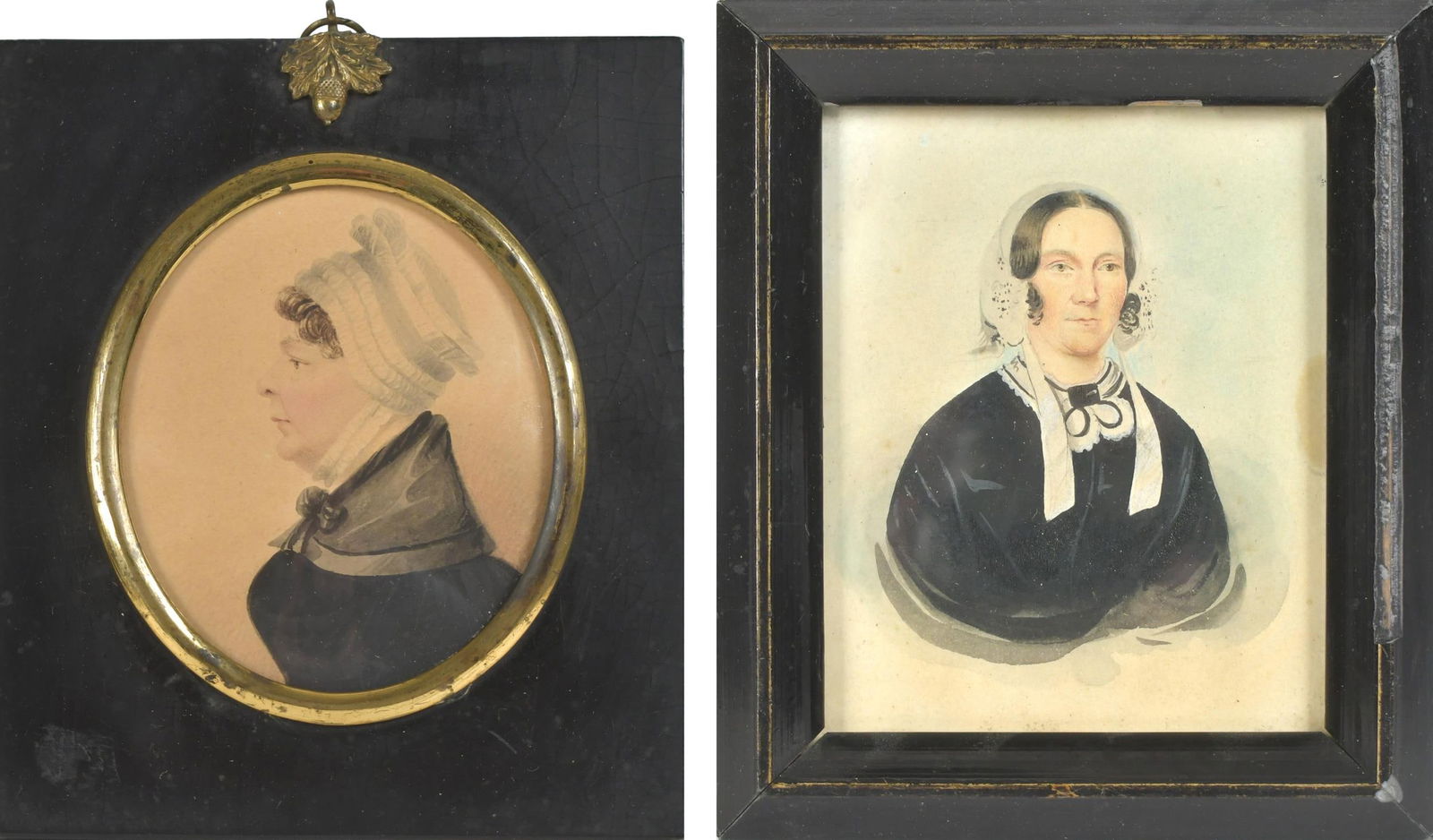 TWO 19TH C. MINIATURE PORTRAITS, WOMEN.: Two 19th C. watercolor portraits of women, including: an American school depiction of a woman wearing a black dress, Frame 6” x 5”; and a profile portrait of a woman wearing a bonnet and