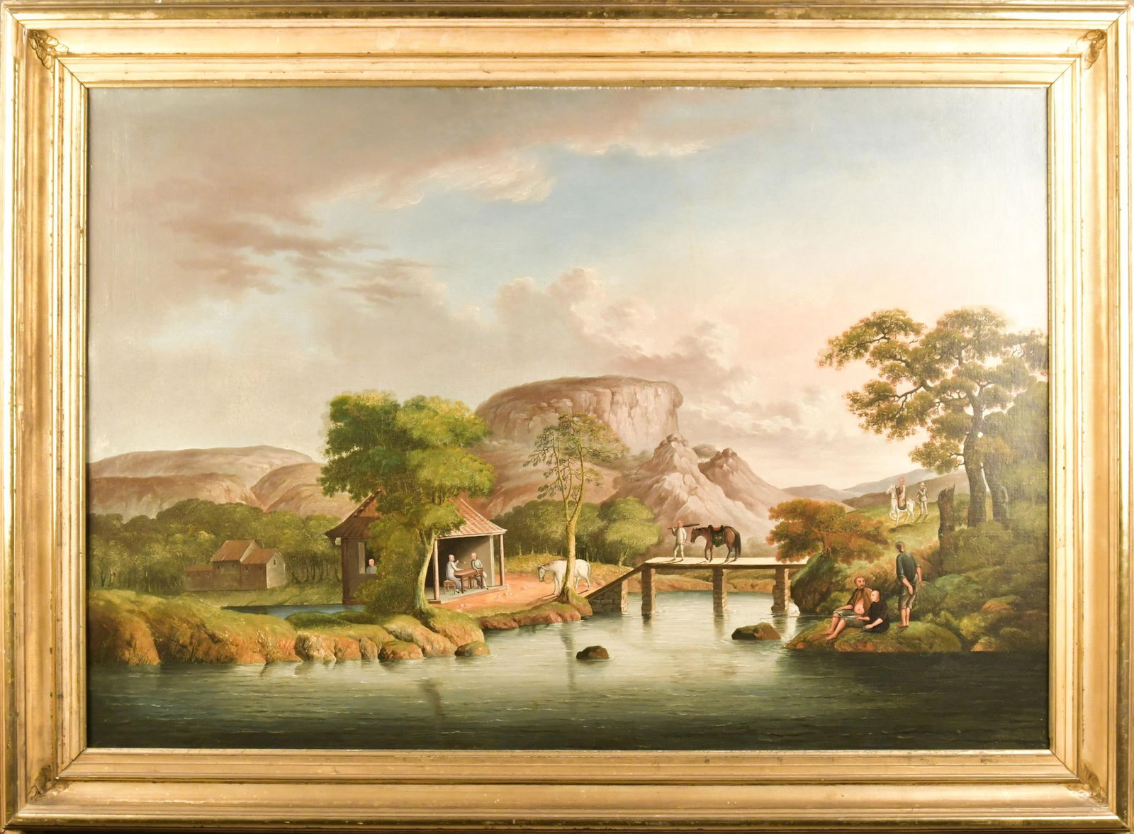 IMPORTANT 19TH C. CHINESE EXPORT OIL, TEA TRADE.: A rare 19th C. oil on canvas, depicting a dramatic rocky landscape and figures engaging in tea trade, fishing, and more. Canvas 30.5” x 45”, Frame 38” x 52”.