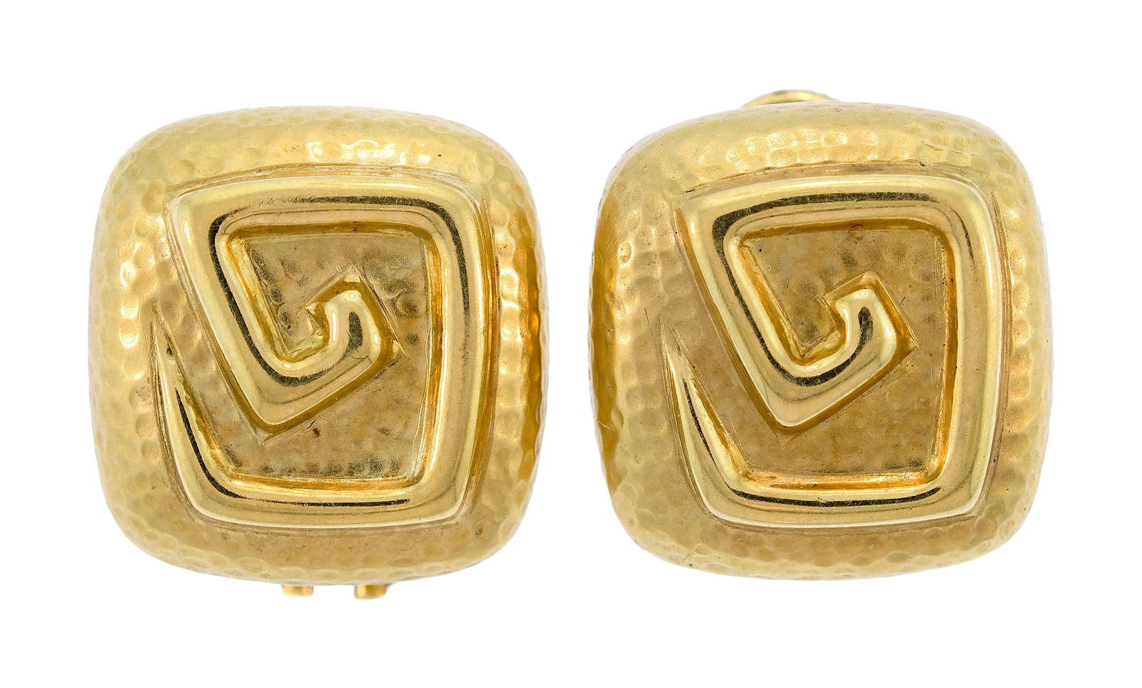 18K GOLD SQUARE GREEK KEY POST EARRINGS.: A pair of 18k yellow gold (stamped) hollow, square, Greek key design, post earrings with omega clip closures, 18.5mm or 6/8”, 9.9 grams.