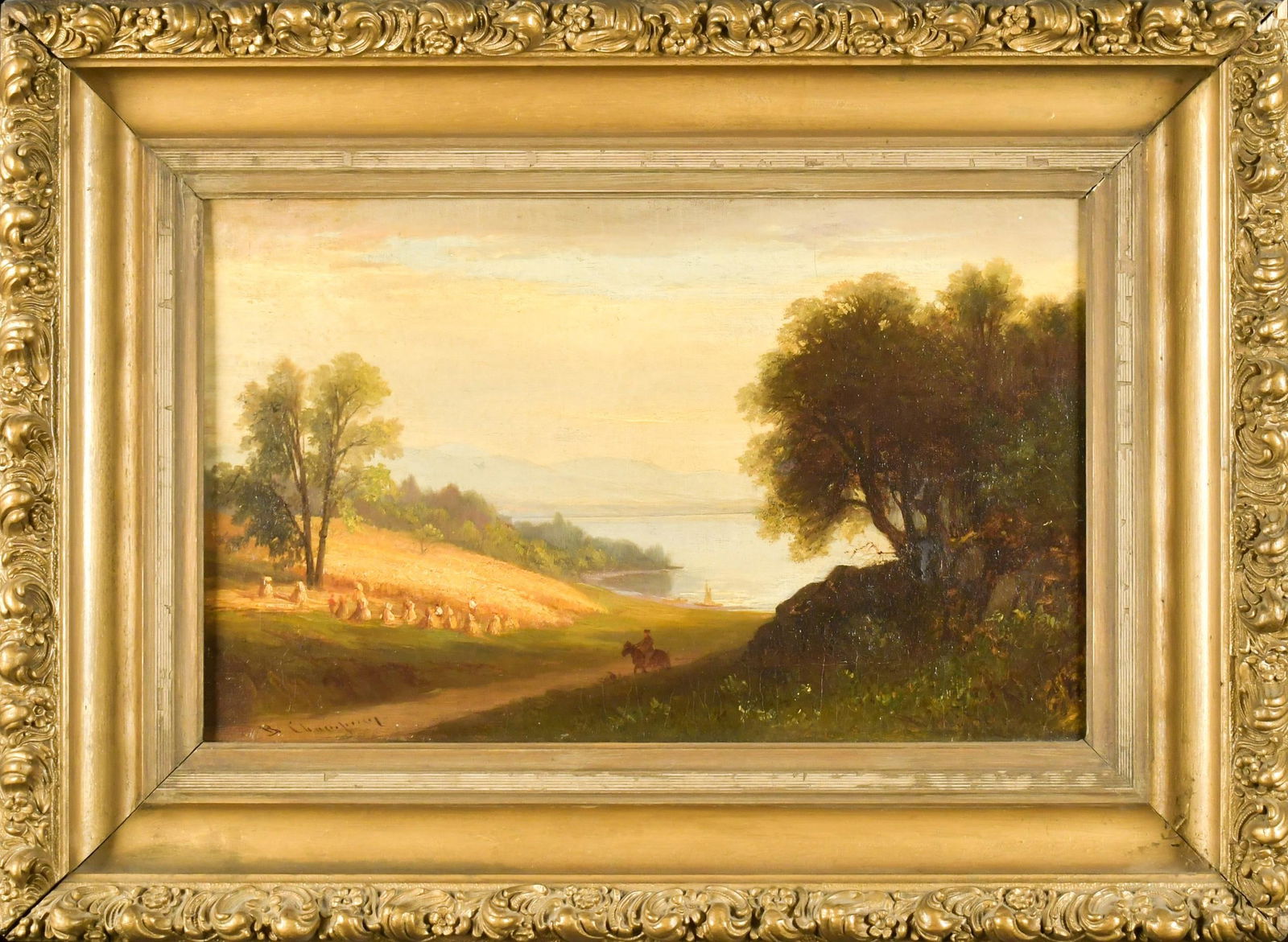 BENJAMIN CHAMPNEY OIL, NH LAKE SCENE.: A late 19th C. Benjamin Champney oil on canvas, summer New Hampshire lake scene with mountain, horse and rider, signed lower left B. Champney. In a period gilt frame. Image 12” x 20”,