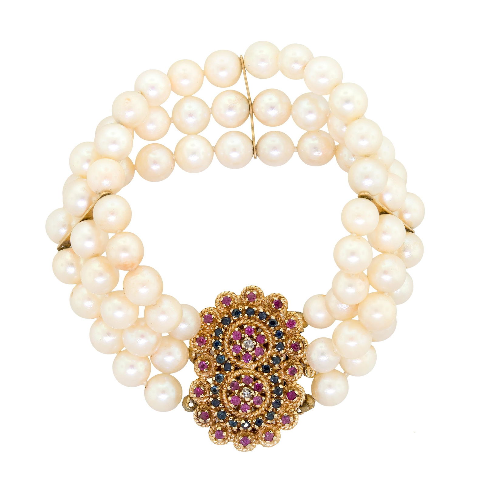 VINTAGE 14K GOLD MULTI-STONE PEARL BRACELET.: A vintage, 14k yellow gold (stamped), multi-strand, cultured pearl bracelet, approx. 6-7mm round, cream color, lightly blemished, good luster, clasp is set with approx. .75 ct. tw., faceted round rubi