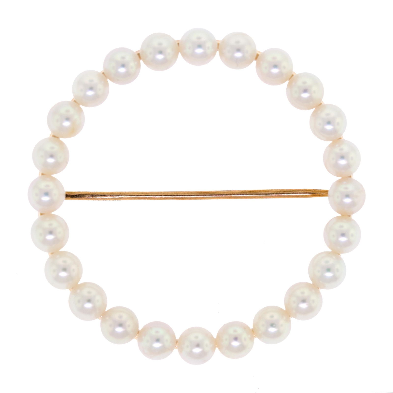 VINTAGE TIFFANY & CO. 14K GOLD PEARL CIRCLE PIN.: A vintage, signed, Tiffany & Co., 14k yellow gold (stamped) circle pin set with 4mm, round, white, cultured pearls with excellent luster and pink orient, 1 7/16 inches in diameter, 6.0 grams.