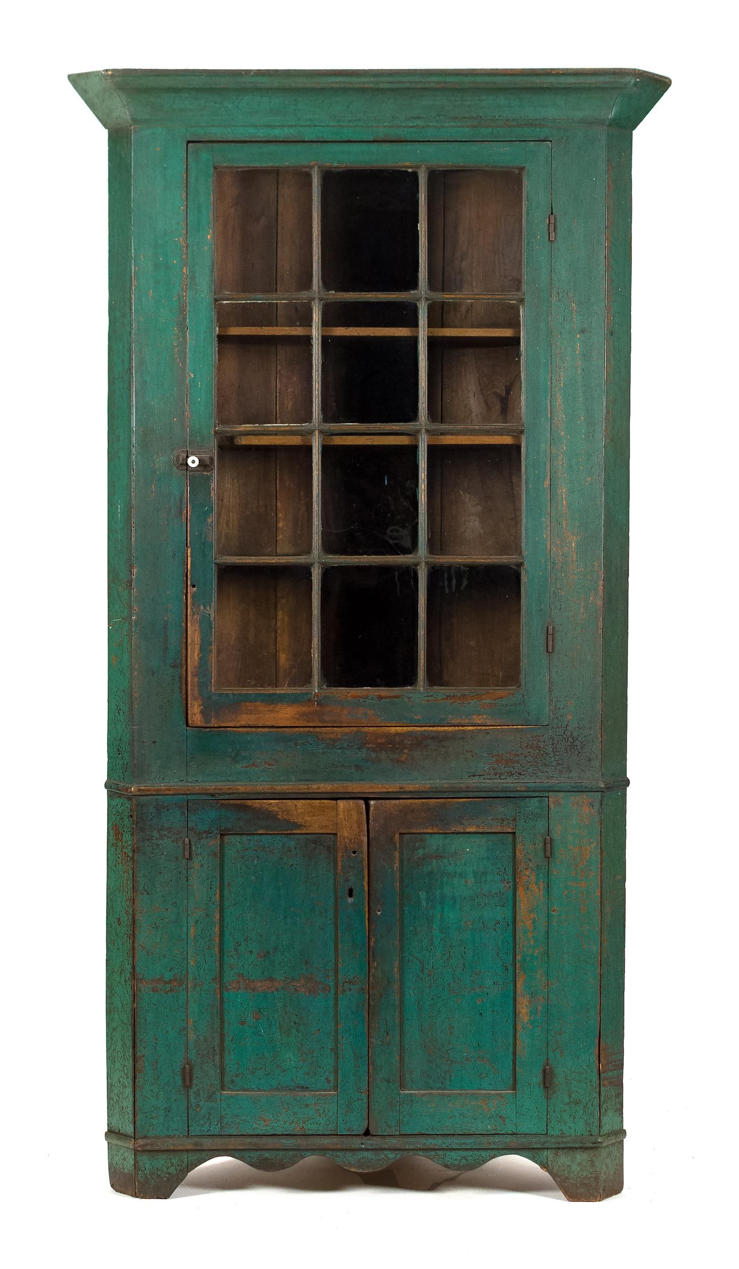 CHOICE FEDERAL GREEN PAINTED WALNUT CORNER CUPBOARD. (1 of 10)
