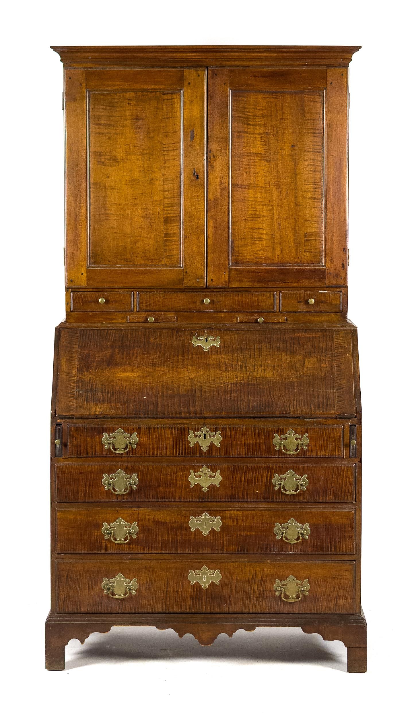 18TH C. NE CHIPPENDALE TIGER MAPLE SECRETARY. (1 of 3)