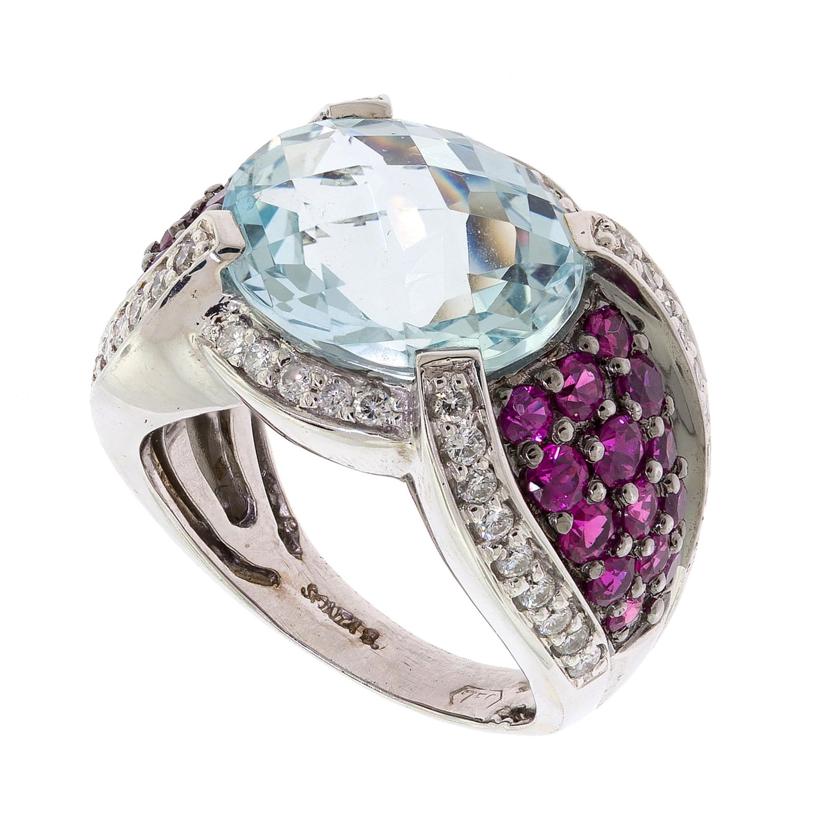 SONIA B. 18K GOLD AQUA, SYN. RUBY & DIAMOND RING. - 2
