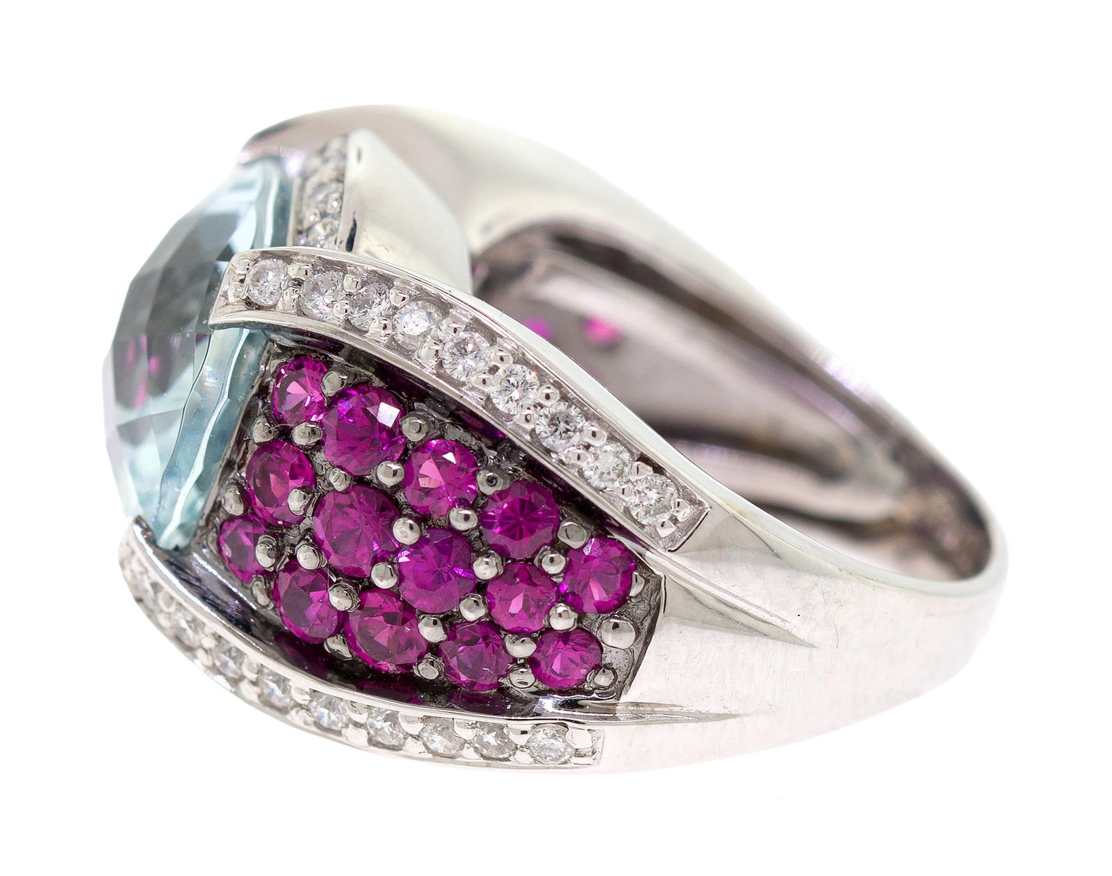 SONIA B. 18K GOLD AQUA, SYN. RUBY & DIAMOND RING. - 6