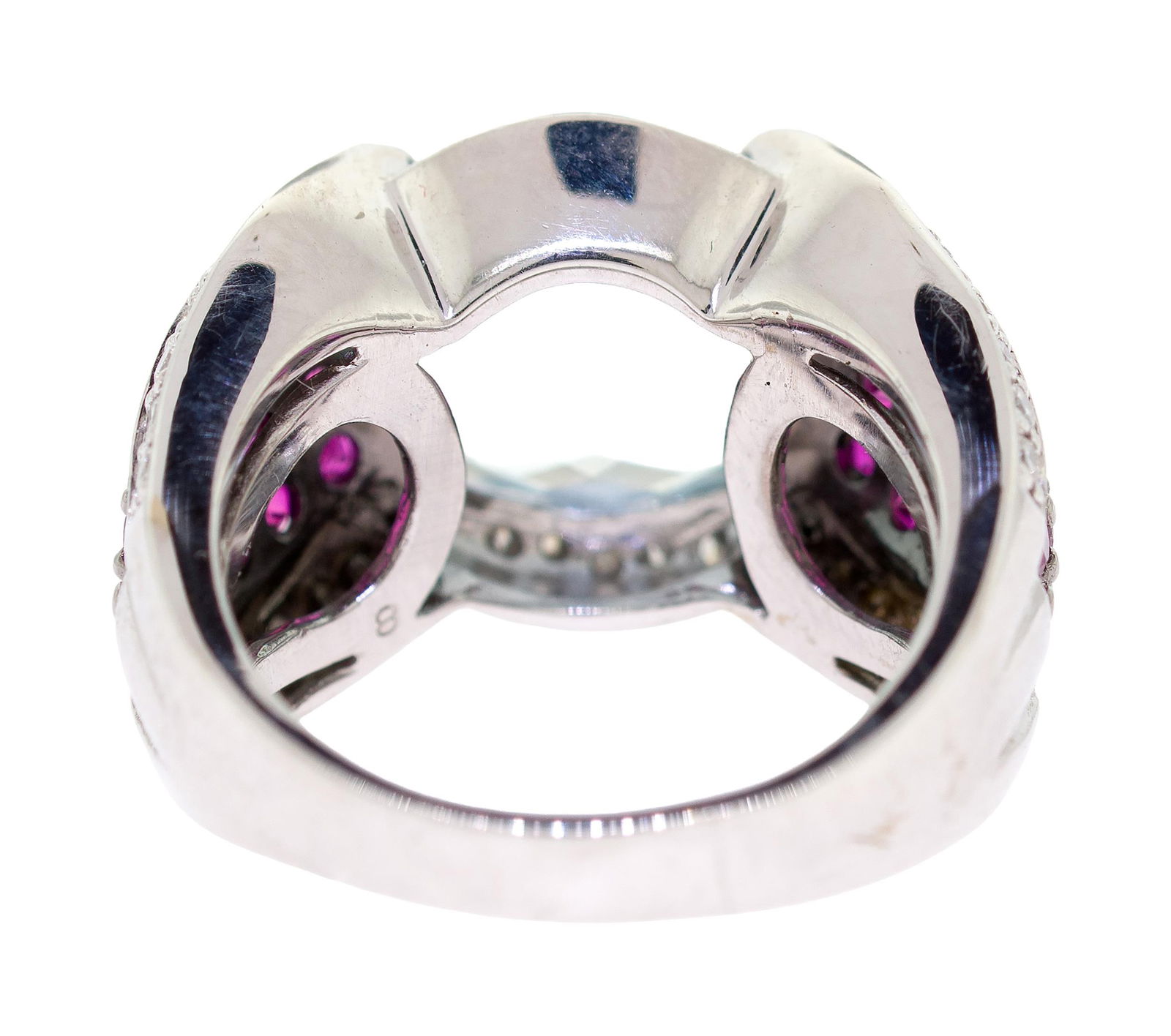 SONIA B. 18K GOLD AQUA, SYN. RUBY & DIAMOND RING. - 7