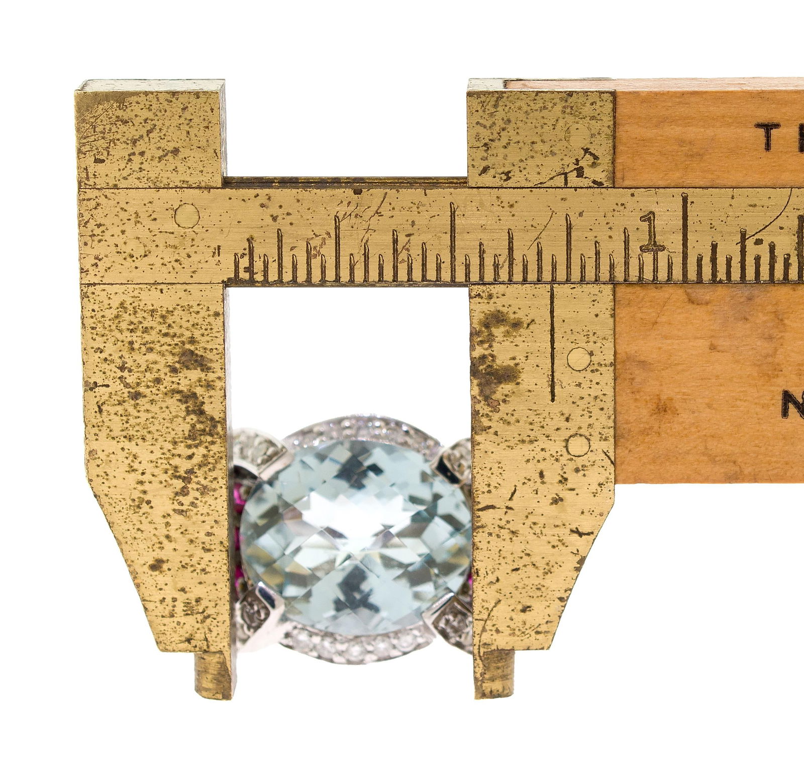 SONIA B. 18K GOLD AQUA, SYN. RUBY & DIAMOND RING. - 9