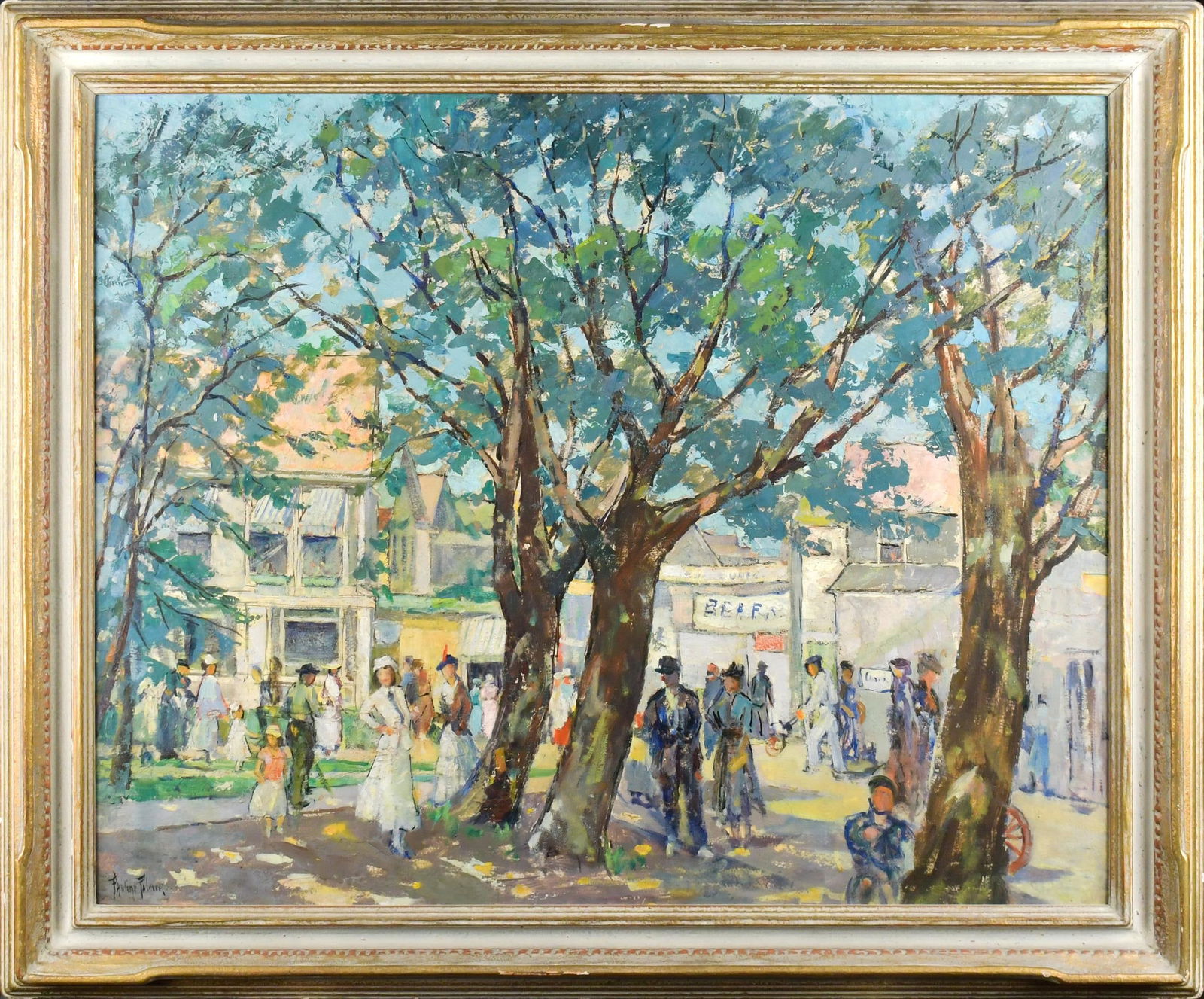 PAULINE PALMER OIL, SUNSHINE & SHADOW.: A Pauline Lennards Palmer (1867-1938) oil on board, titled on back with Chicago Galleries Association label ‘Sunshine & Shadow, # 9664’, depicting an exceptionally charming wooded town squ