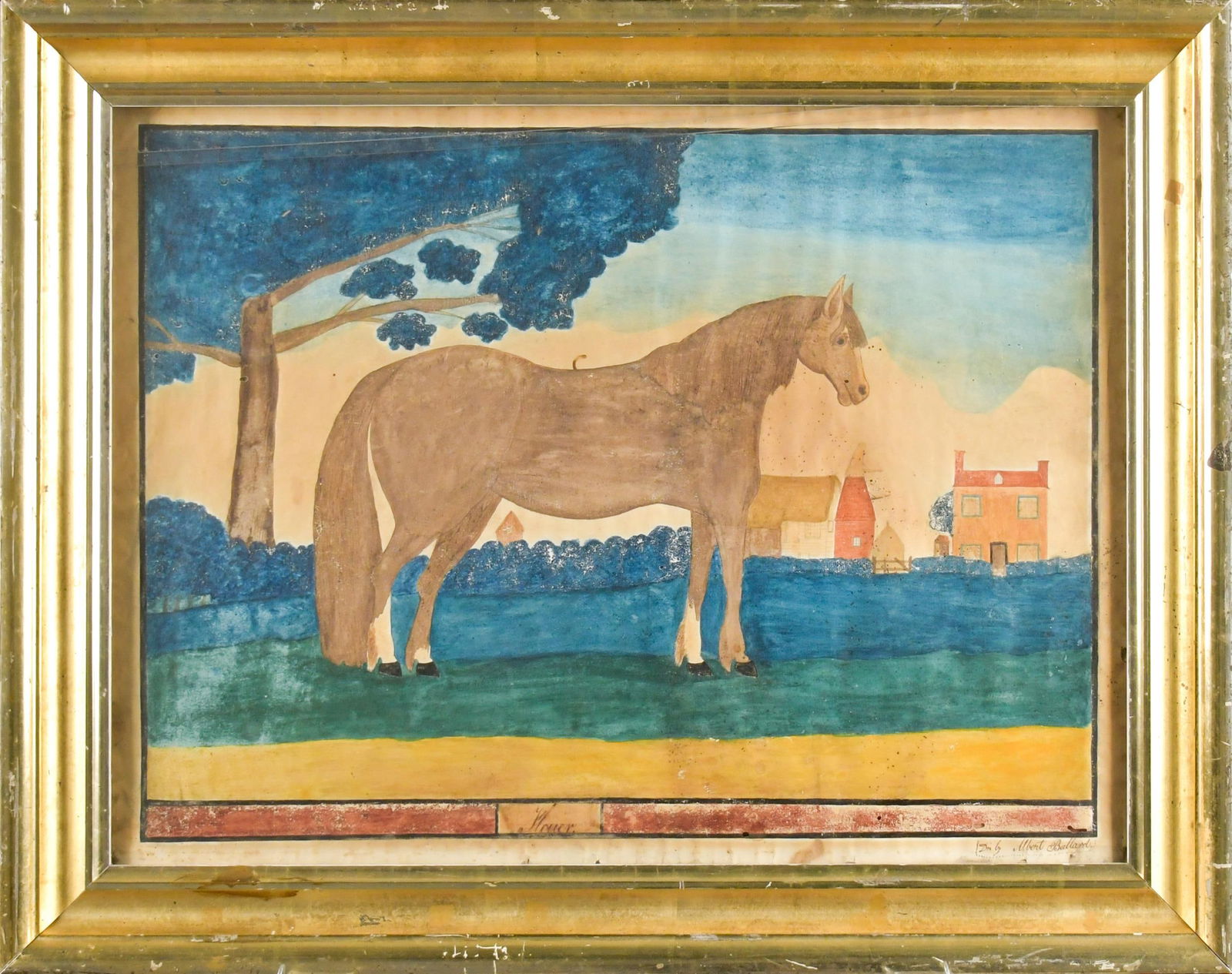 19TH C. NAIVE WATERCOLOR, PROFILE OF HORSE ARTHUR.: A good early 19th C. watercolor on paper, profile portrait of ‘Arthur’ the horse in farm yard. Signed lower right ‘Done by Albert Ballard’. Image 13.5” x 18.5”, Fra