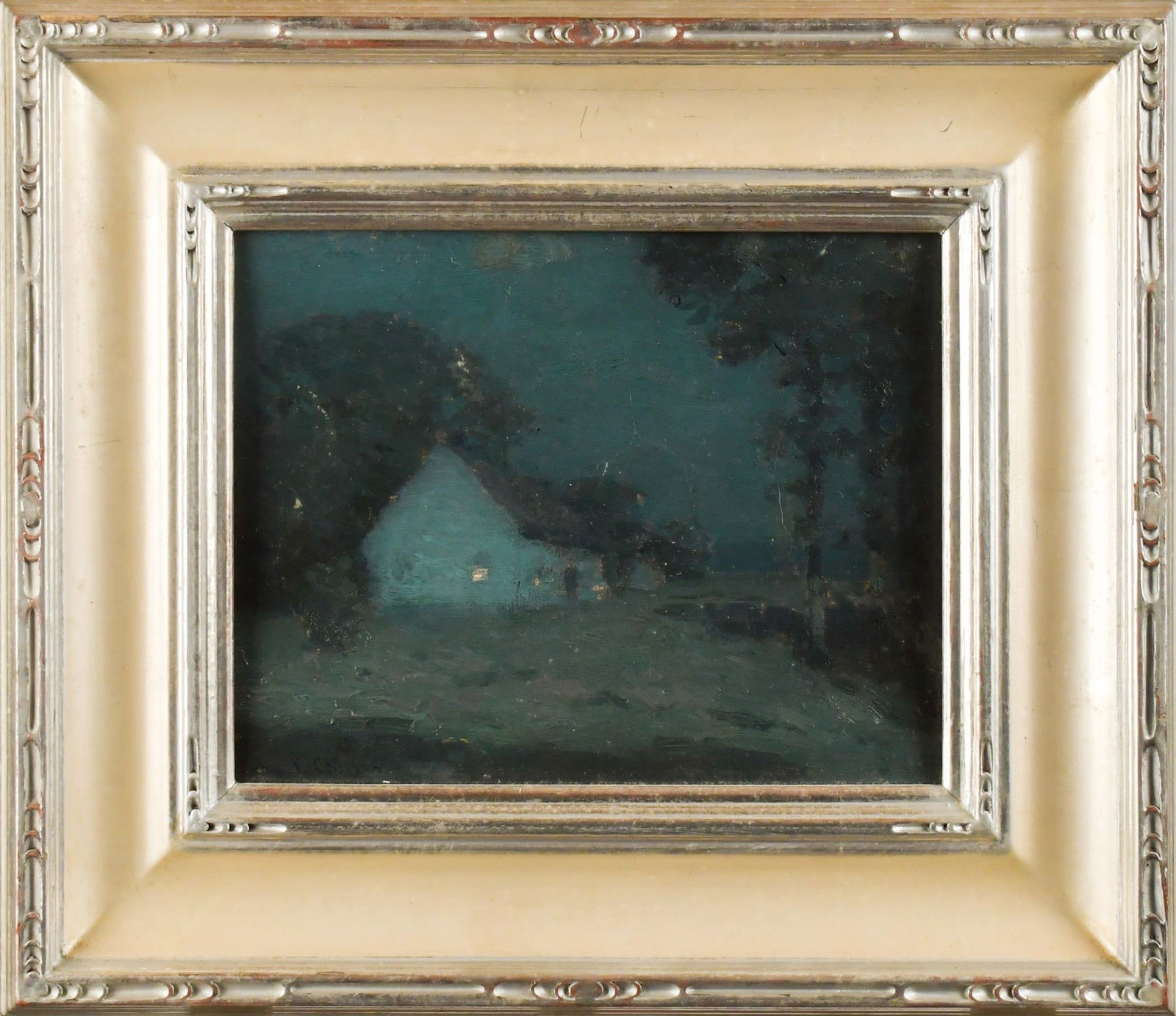 JOHN FABIAN CARLSON OIL, PEACE.: John Fabian Carlson (1874-1945) oil on wood panel, titled on verso in artist’s hand ‘Peace $65.00 John F Carlson’ with a Vose Galleries stamp. Image 8” x 10”, Frame