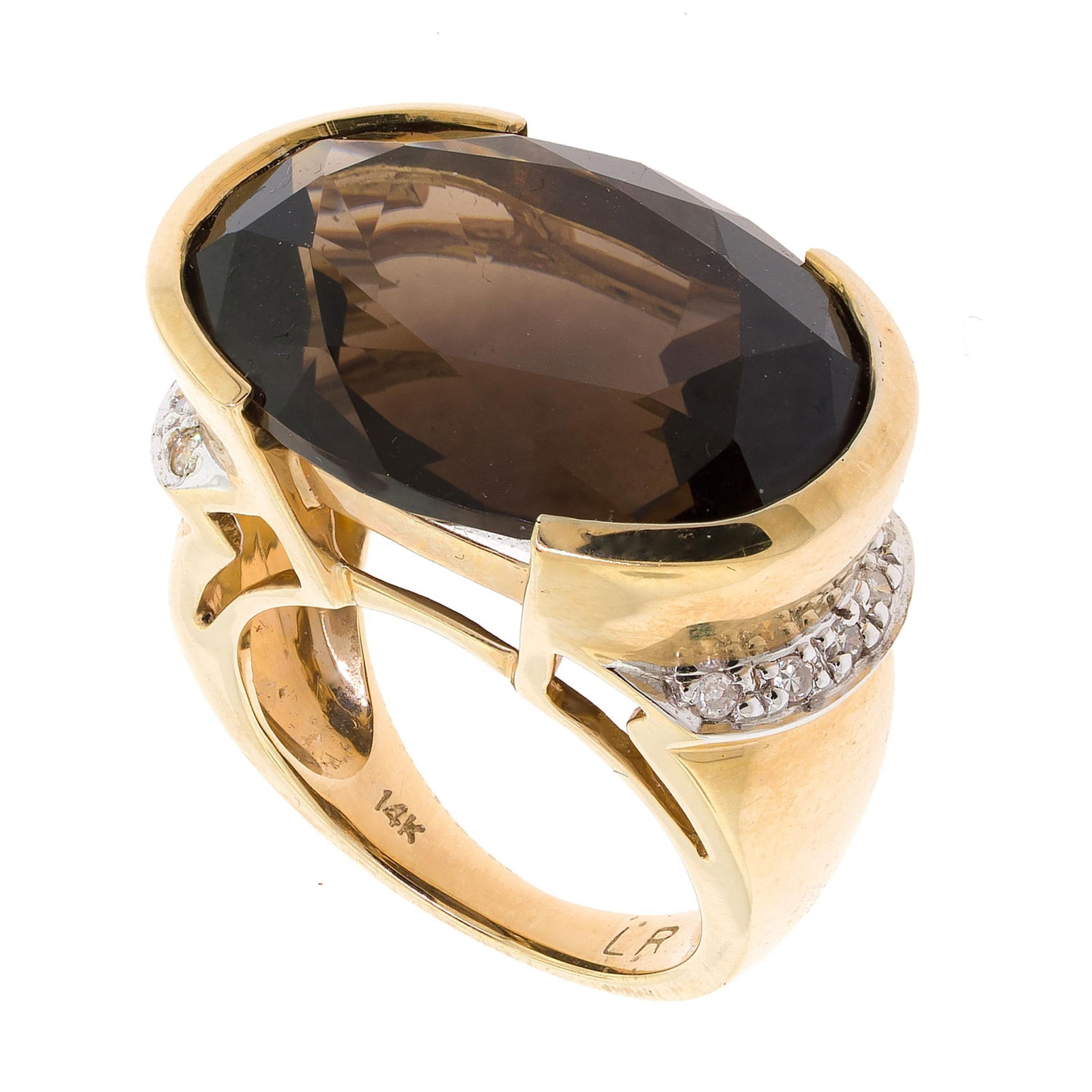 14K GOLD LAURA RAMSEY SMOKY QUARTZ & DIAMOND RING.: A signed, Laura Ramsey, 14k yellow gold (stamped) ring set with an approx. 21 ct., faceted oval, dark brown, smoky quartz and single cut round, natural diamonds of H color and SI-I clarity, includes a